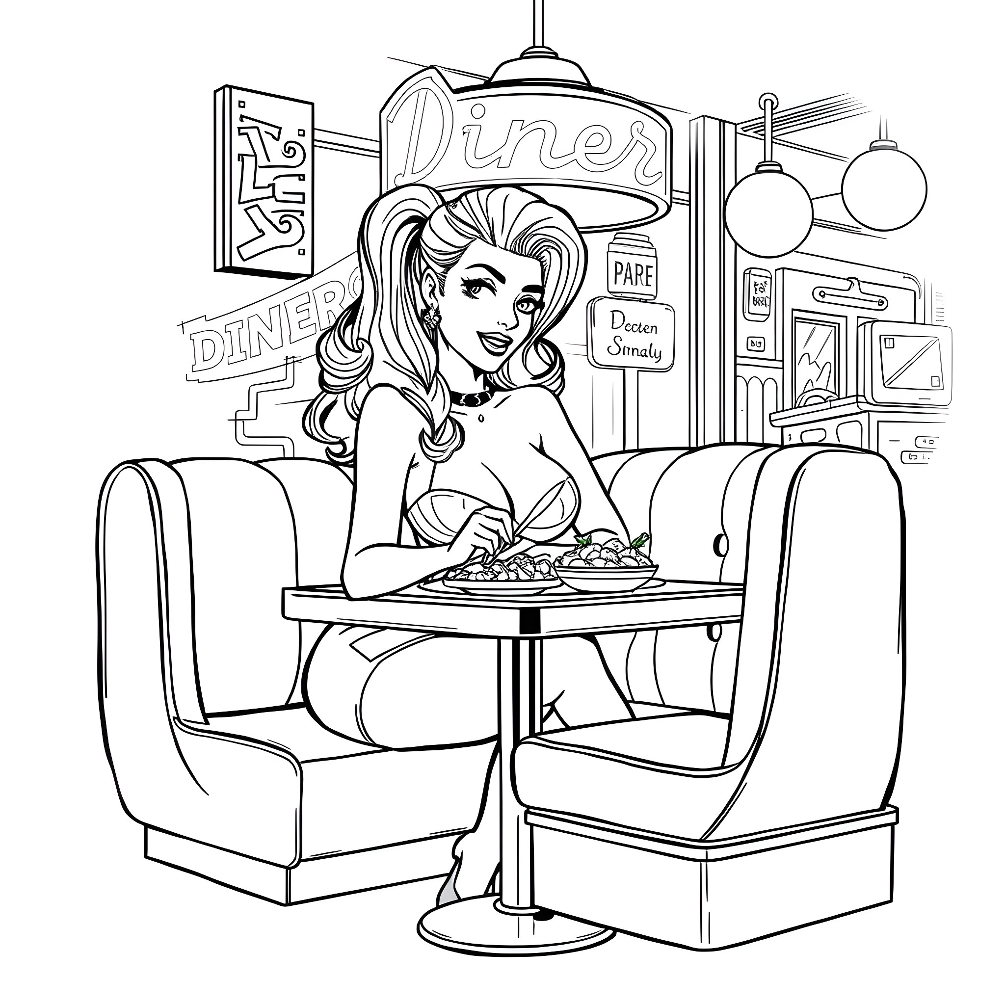 Vixen Dining at the Diner Coloring Page (free black-and-white line drawing printable PDF for all, from beginners to advanced learners, including children, teens, adults, and seniors)