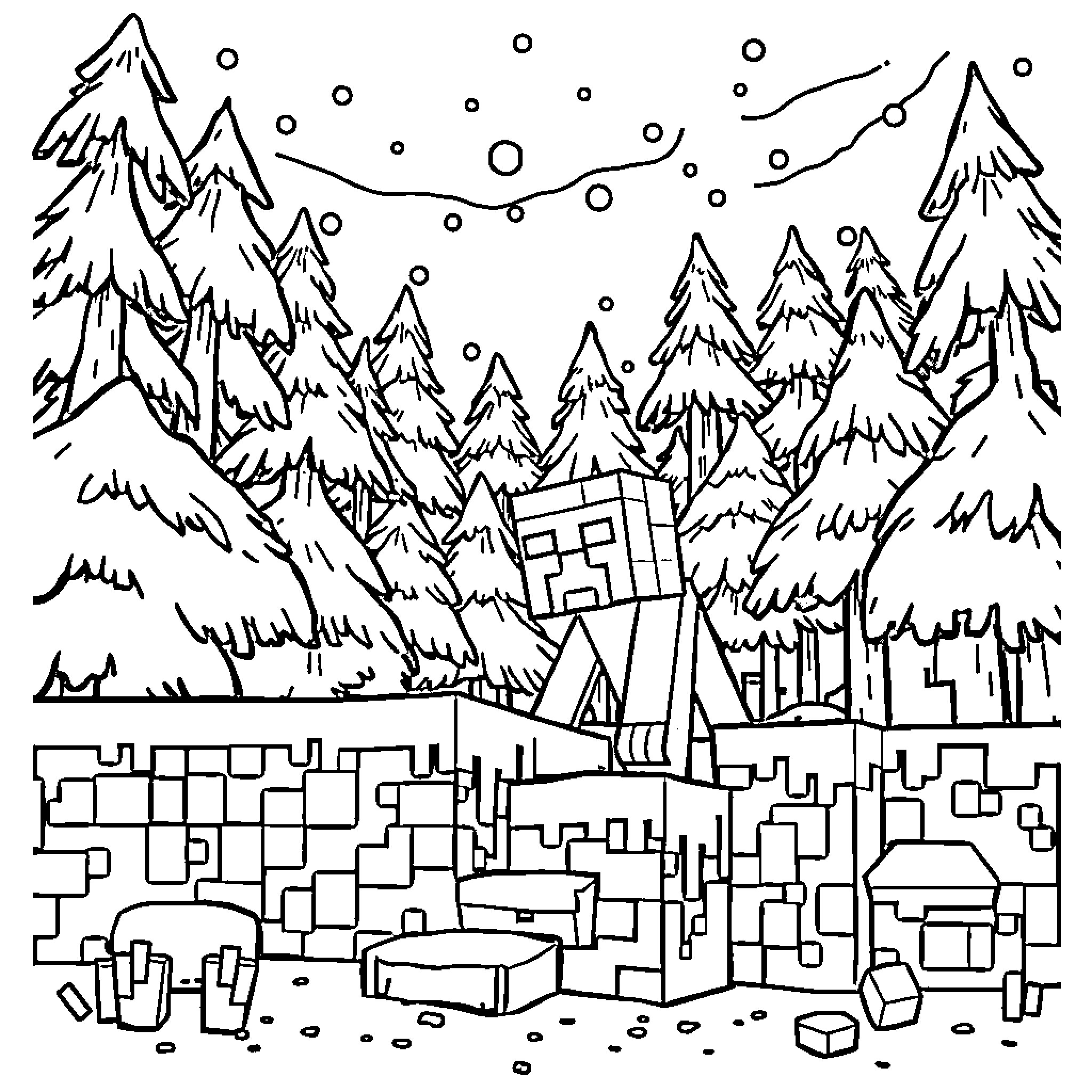 Creeper navigating the snowy mountain landscape Coloring Page (free black-and-white line drawing printable PDF for all, from beginners to advanced learners, including children, teens, adults, and seniors)