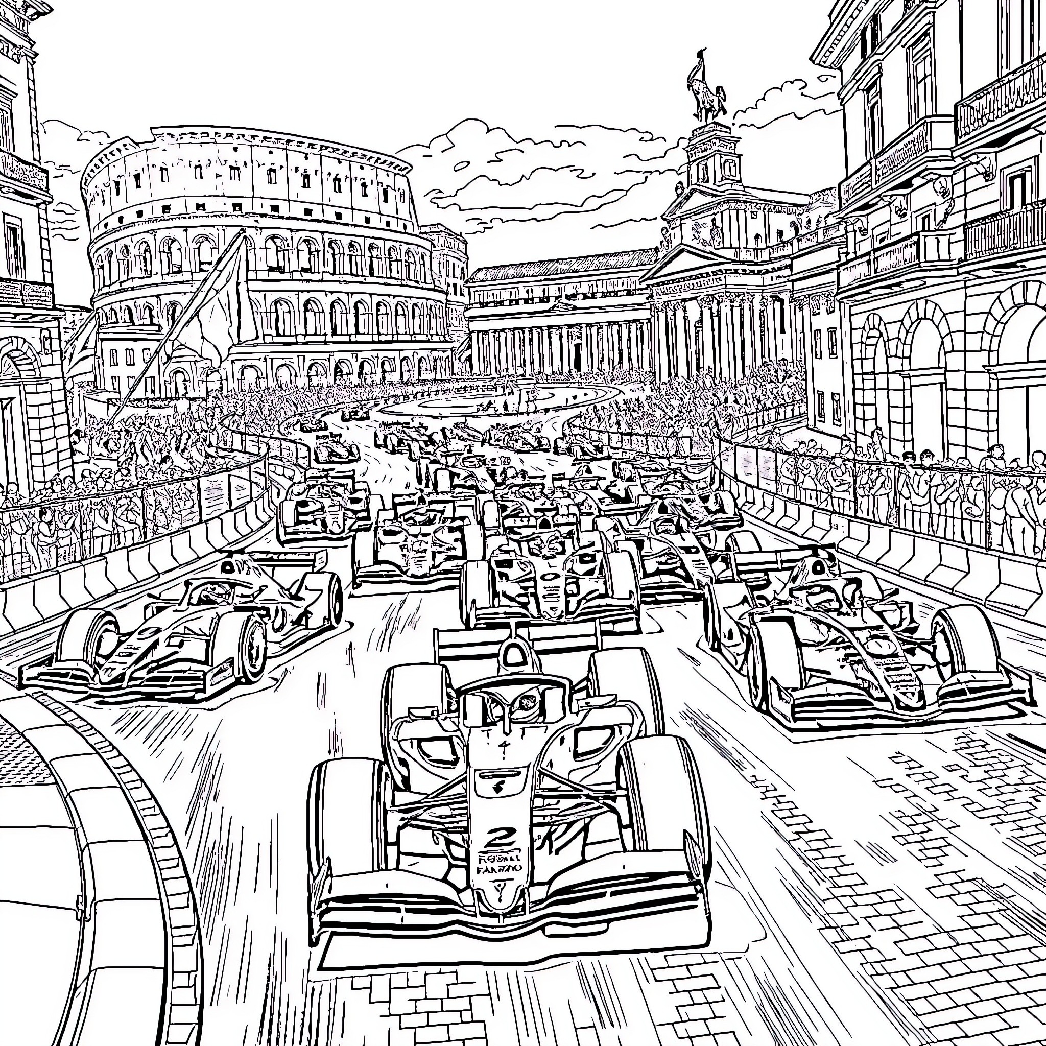 Formula 1 Cars Racing Through Historic Italian City Coloring Page (free black-and-white line drawing printable PDF for all, from beginners to advanced learners, including children, teens, adults, and seniors)