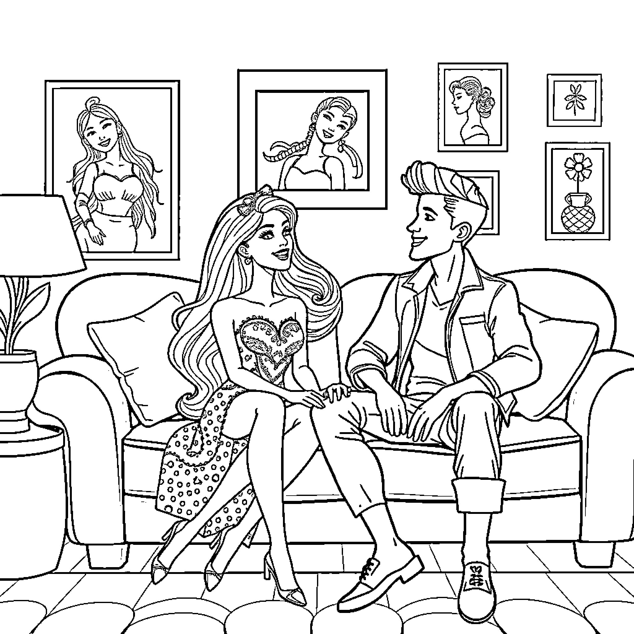Barbie and Ken enjoying a cozy moment together Coloring Page (free black-and-white line drawing printable PDF for all, from beginners to advanced learners, including children, teens, adults, and seniors)