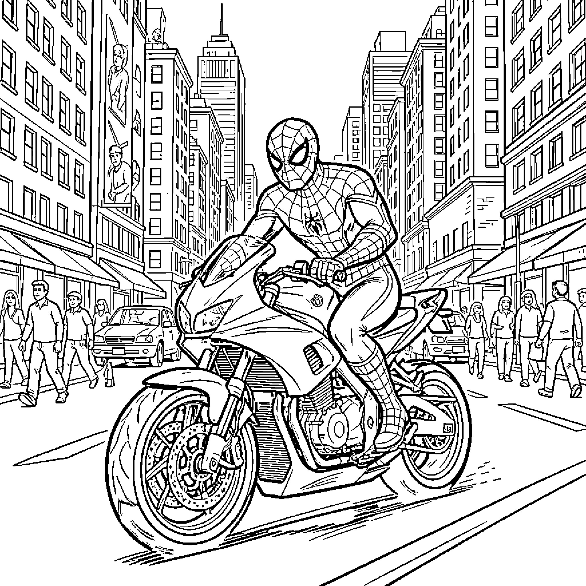 Spiderman riding a motorcycle through a busy city street Coloring Page (free black-and-white line drawing printable PDF for all, from beginners to advanced learners, including children, teens, adults, and seniors)
