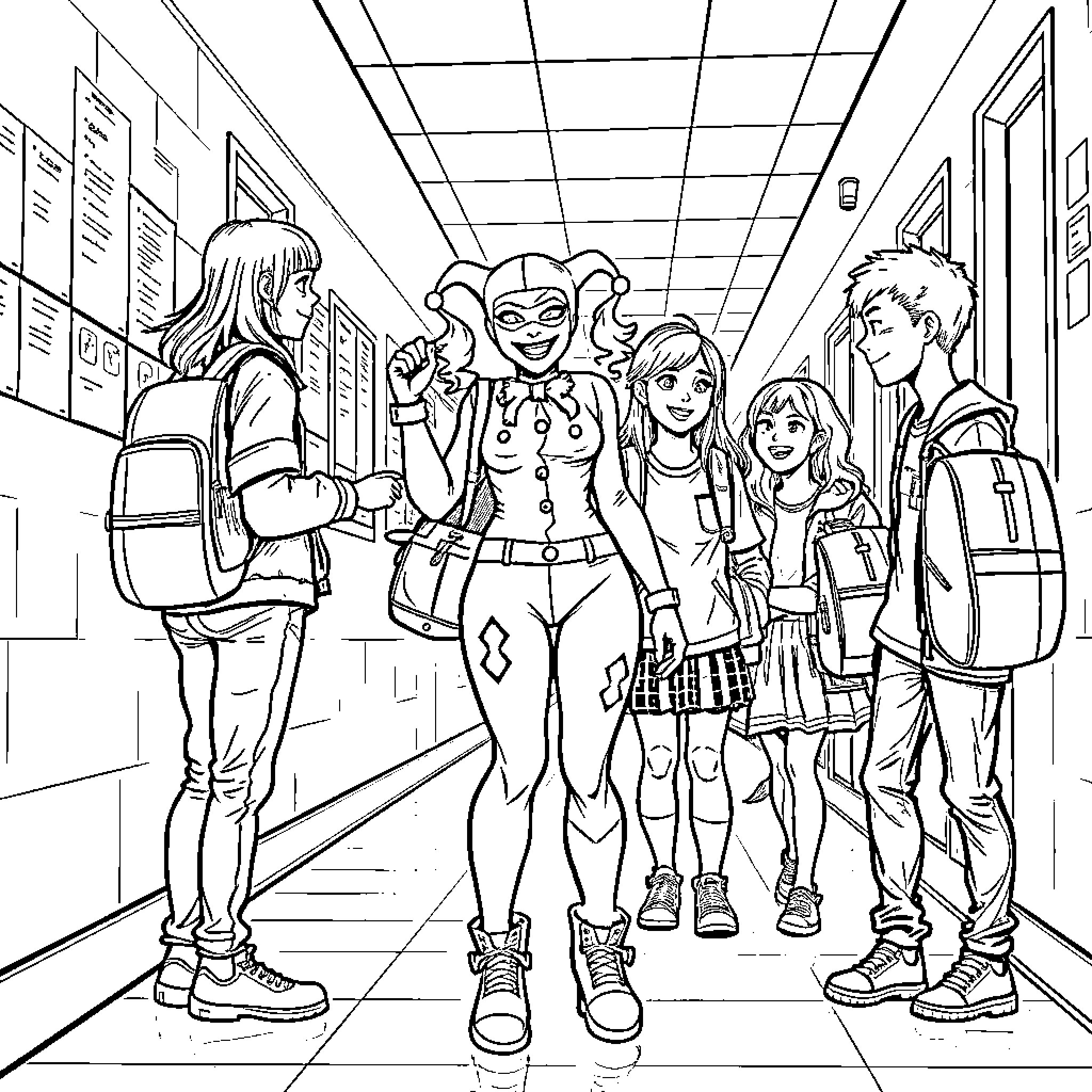 Harley Quinn and her friends navigating the school hallway Coloring Page (free black-and-white line drawing printable PDF for all, from beginners to advanced learners, including children, teens, adults, and seniors)