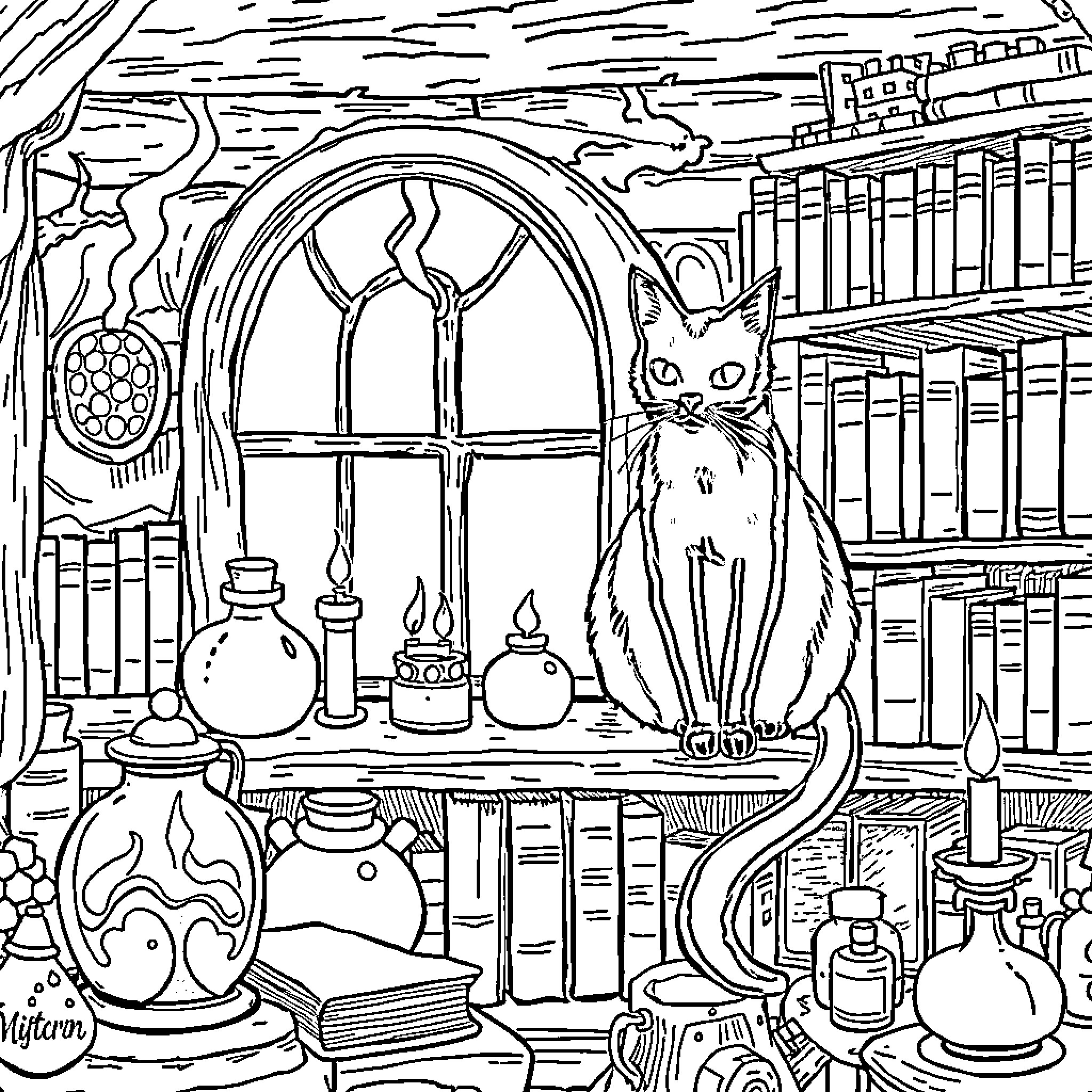 Cat in the Mystical Library Coloring Page (free black-and-white line drawing printable PDF for all, from beginners to advanced learners, including children, teens, adults, and seniors)