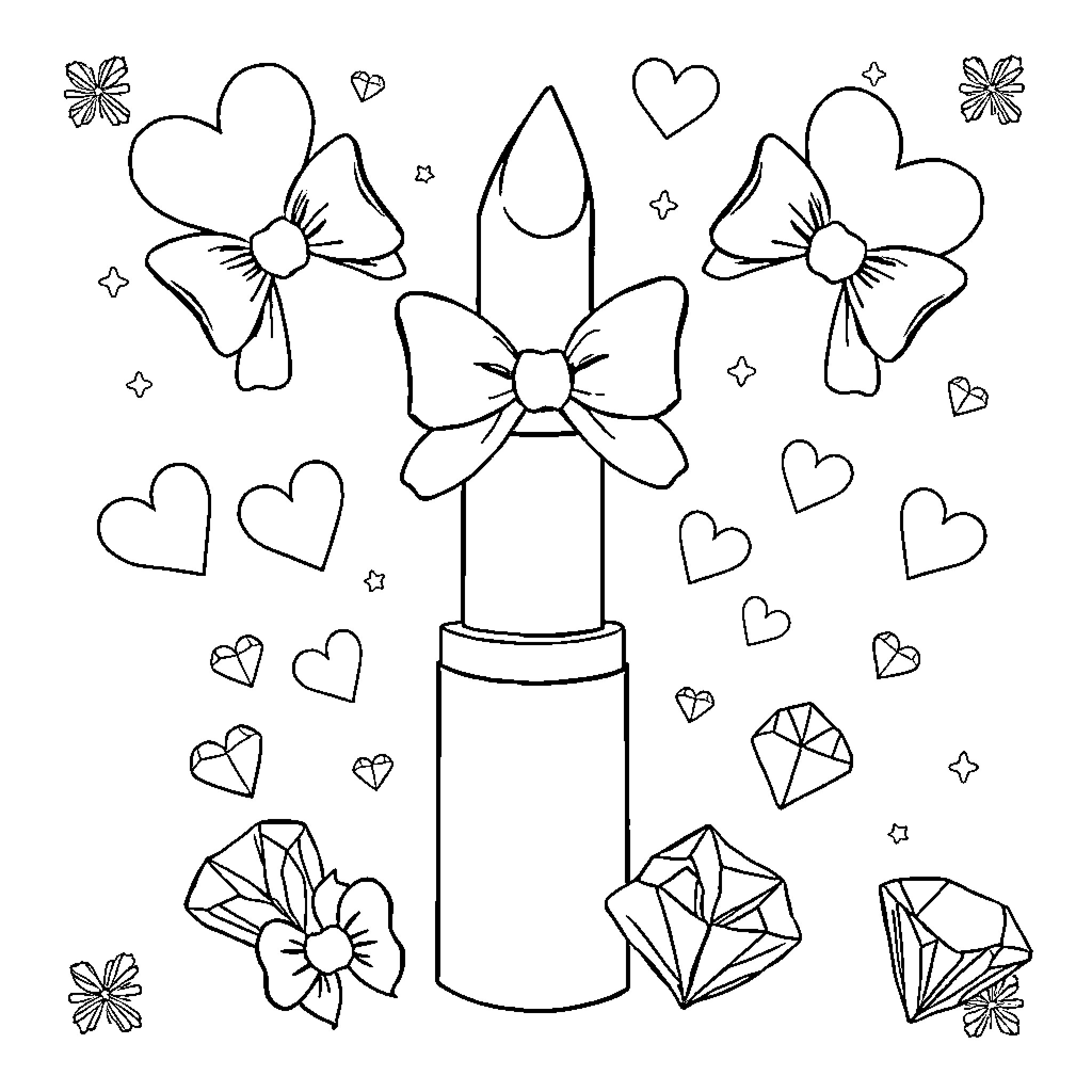 Feminine Items with Bows, Hearts, and Gems Coloring Page (free black-and-white line drawing printable PDF for all, from beginners to advanced learners, including children, teens, adults, and seniors)