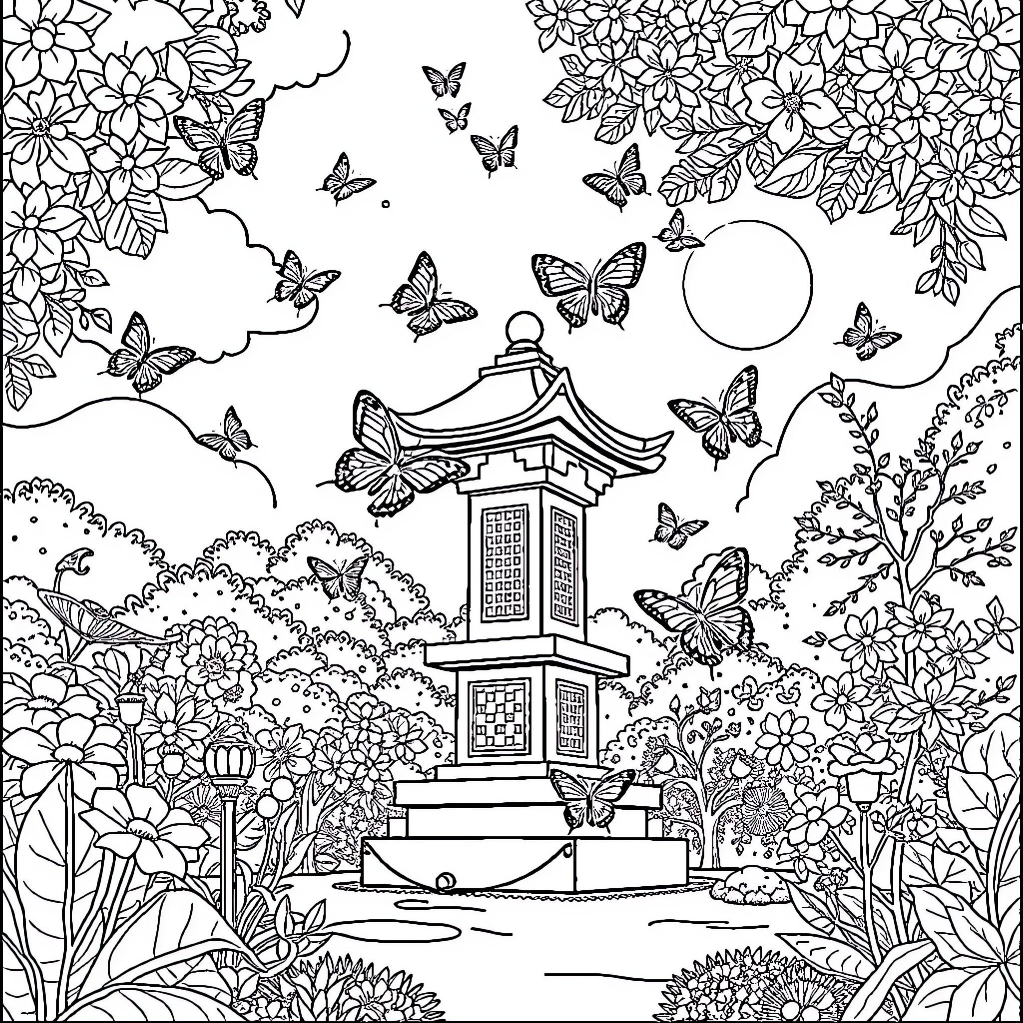 Butterfly garden with pagoda and butterflies Coloring Page (free black-and-white line drawing printable PDF for all, from beginners to advanced learners, including children, teens, adults, and seniors)