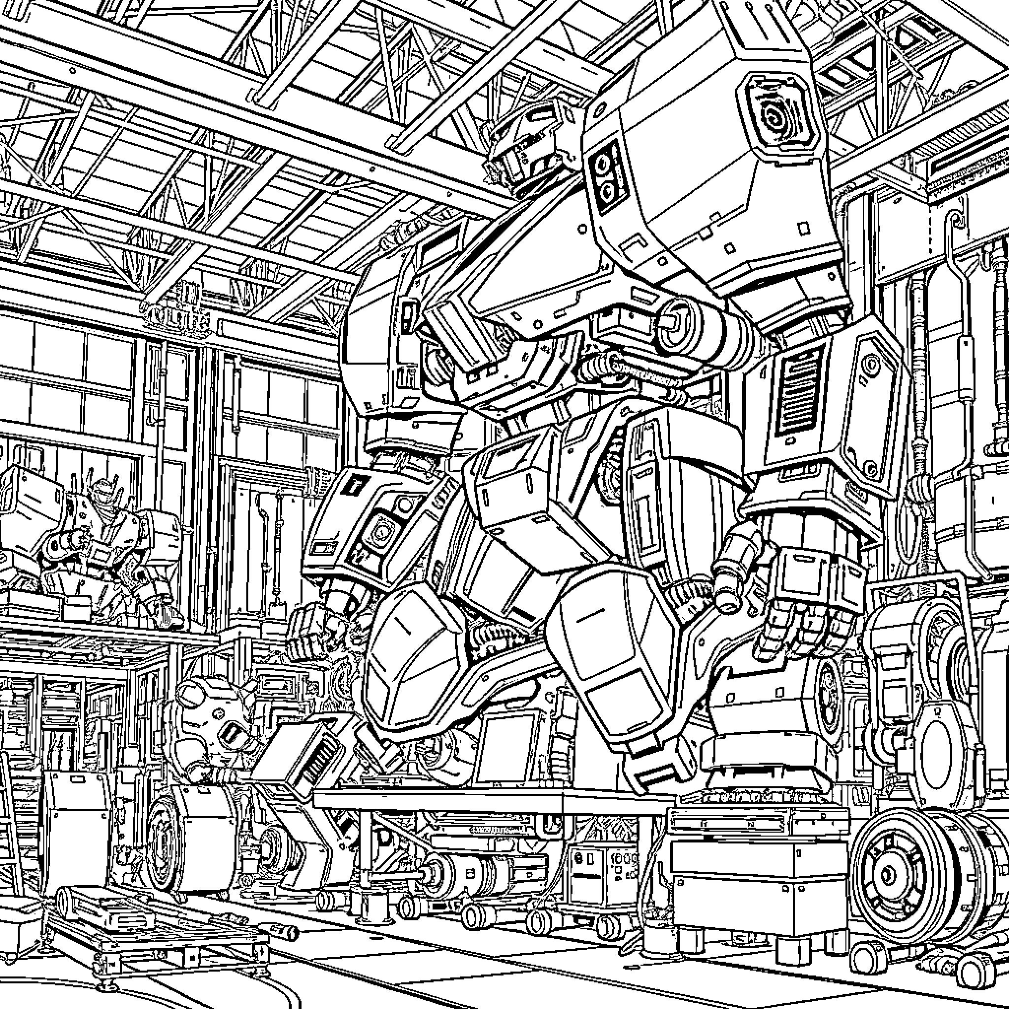 Mecha Behemoth: Towering Robotic Might in the Workshop Coloring Page (free black-and-white line drawing printable PDF for all, from beginners to advanced learners, including children, teens, adults, and seniors)