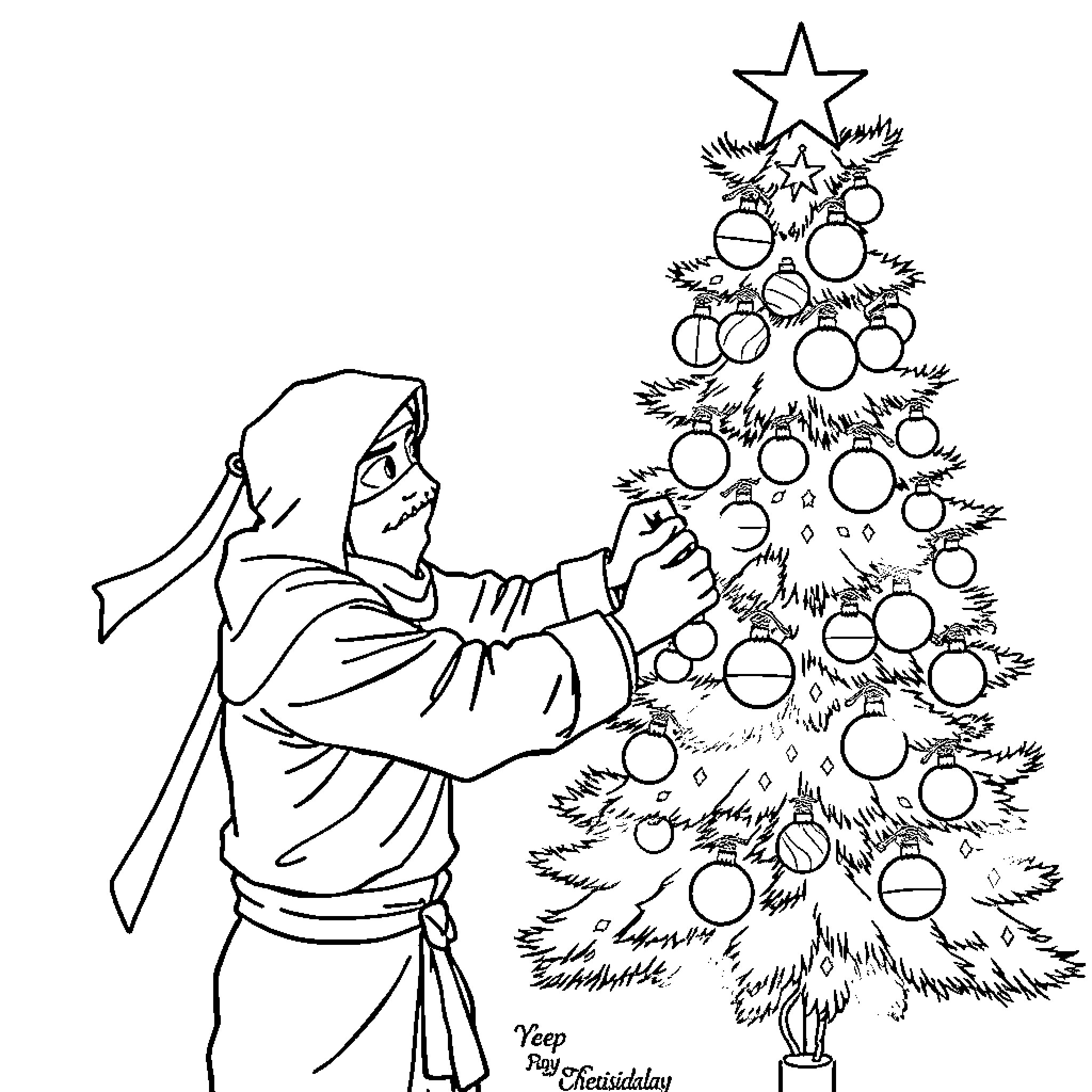 Ninja decorating Christmas tree with ornaments Coloring Page (free black-and-white line drawing printable PDF for all, from beginners to advanced learners, including children, teens, adults, and seniors)