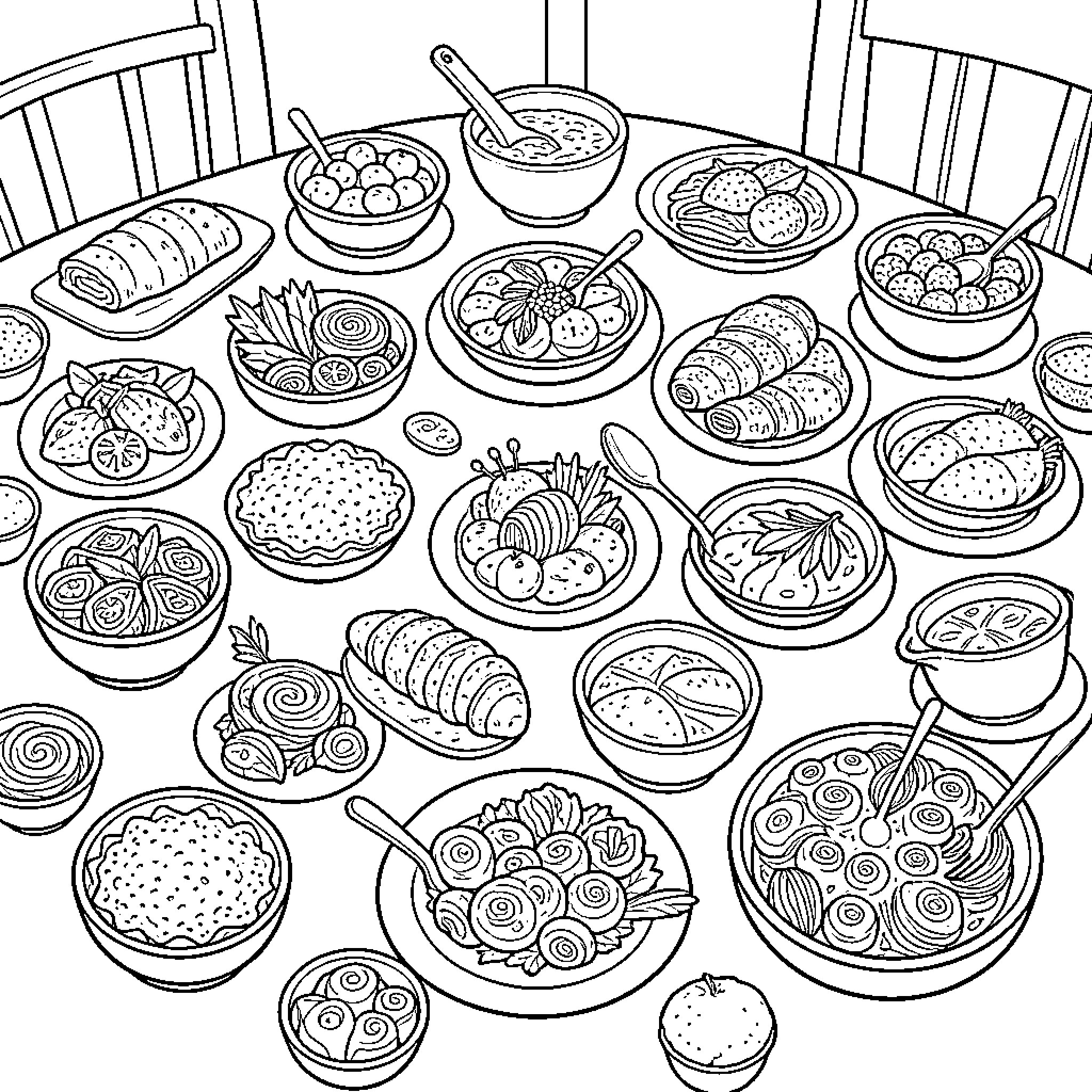 Food Spread on Dining Table with Various Dishes Coloring Page (free black-and-white line drawing printable PDF for all, from beginners to advanced learners, including children, teens, adults, and seniors)