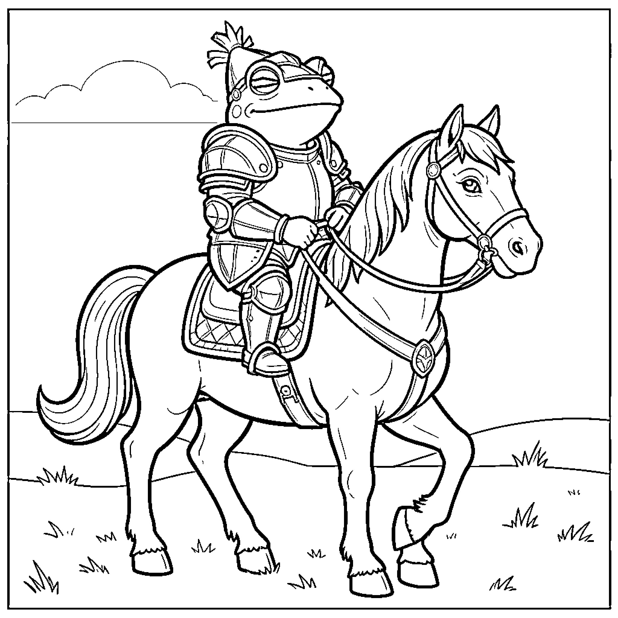 Frog riding a horse in medieval attire Coloring Page (free black-and-white line drawing printable PDF for all, from beginners to advanced learners, including children, teens, adults, and seniors)