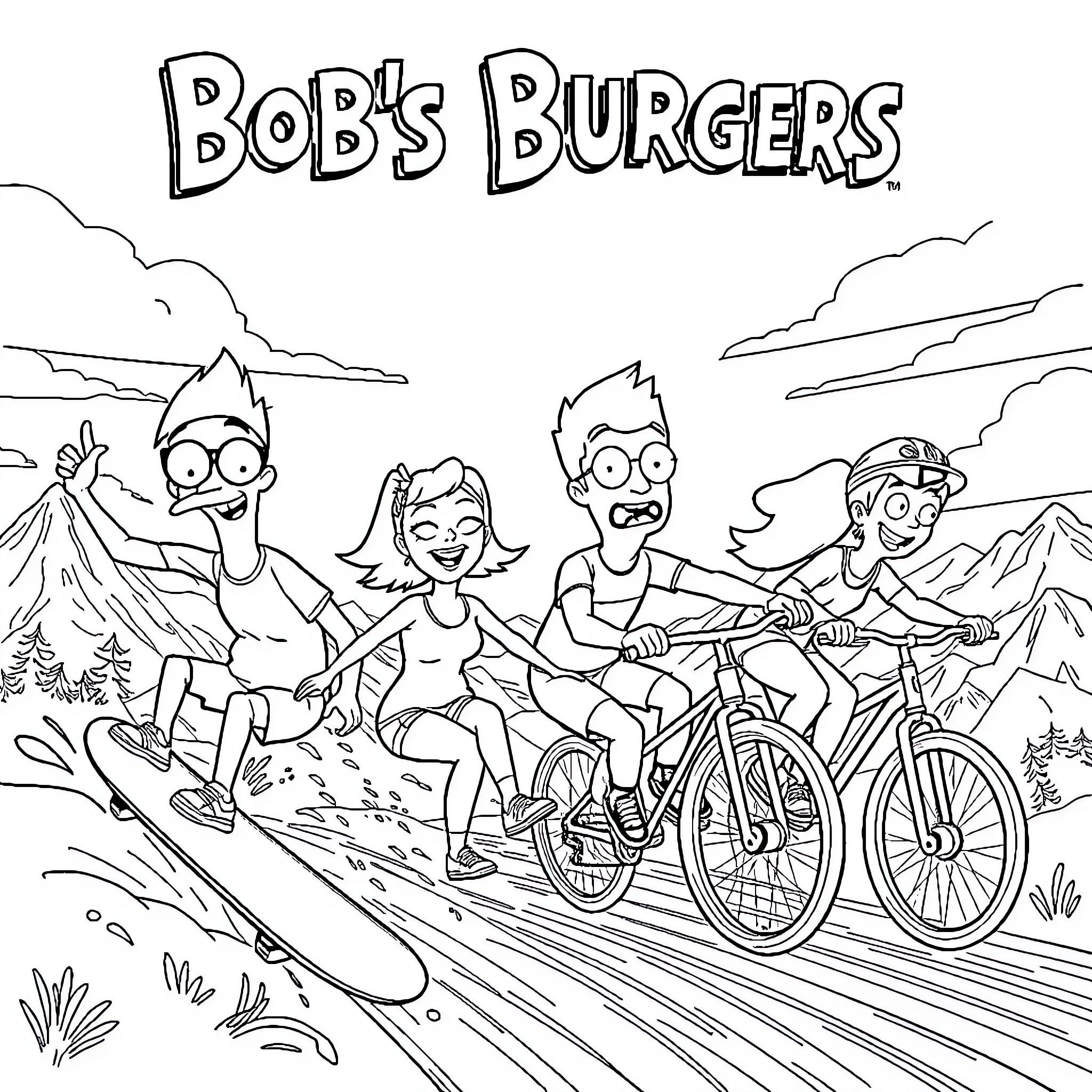 Bob's Burgers family biking and skateboarding outdoors Coloring Page (free black-and-white line drawing printable PDF for all, from beginners to advanced learners, including children, teens, adults, and seniors)