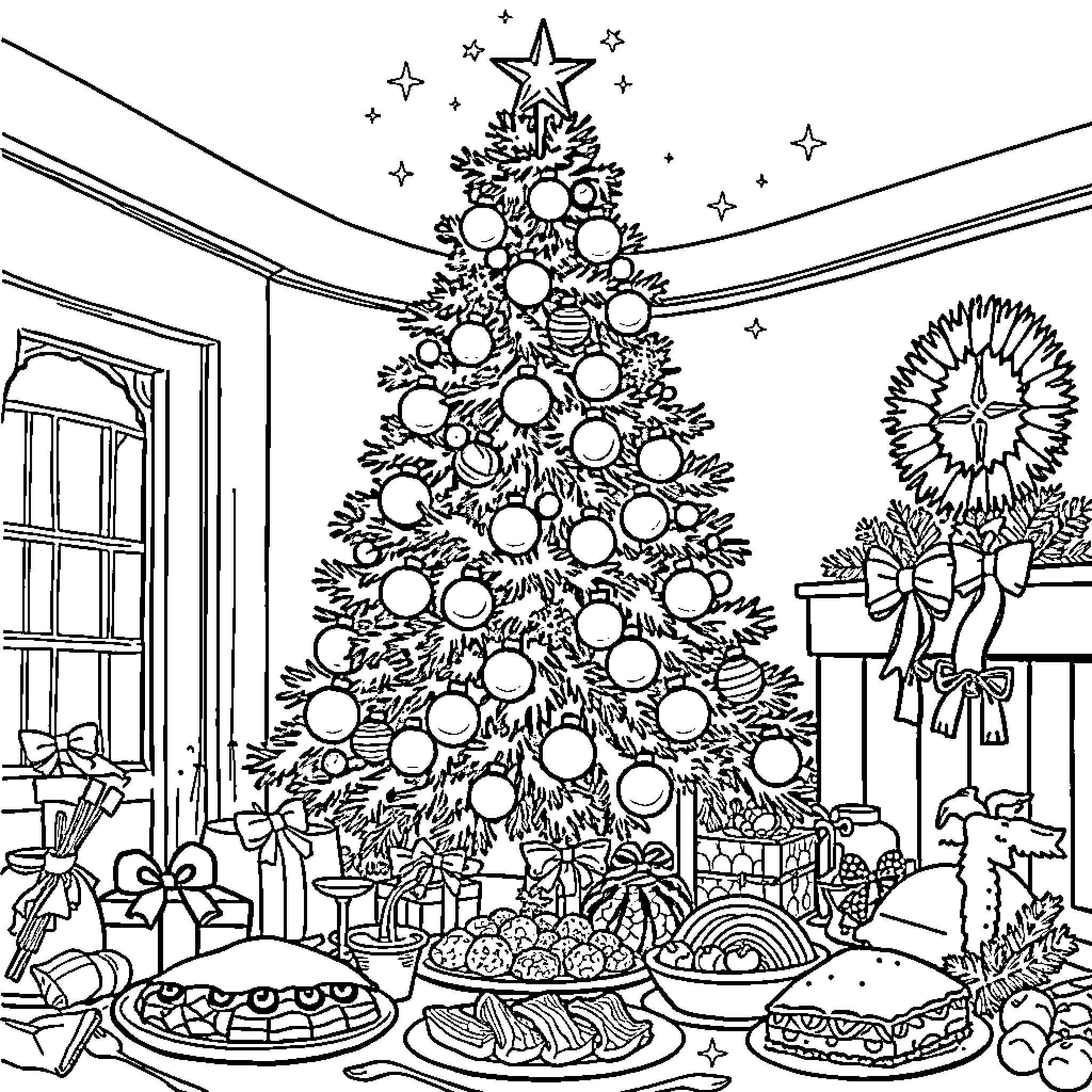 Christmas Tree Decorated with Ornaments and Surrounded by Holiday Treats Coloring Page (free black-and-white line drawing printable PDF for all, from beginners to advanced learners, including children, teens, adults, and seniors)