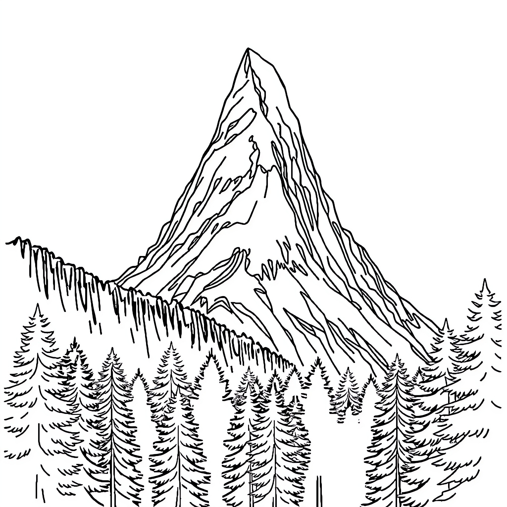 Mountain Landscape with Evergreen Trees Coloring Page (free black-and-white line drawing printable PDF for all, from beginners to advanced learners, including children, teens, adults, and seniors)