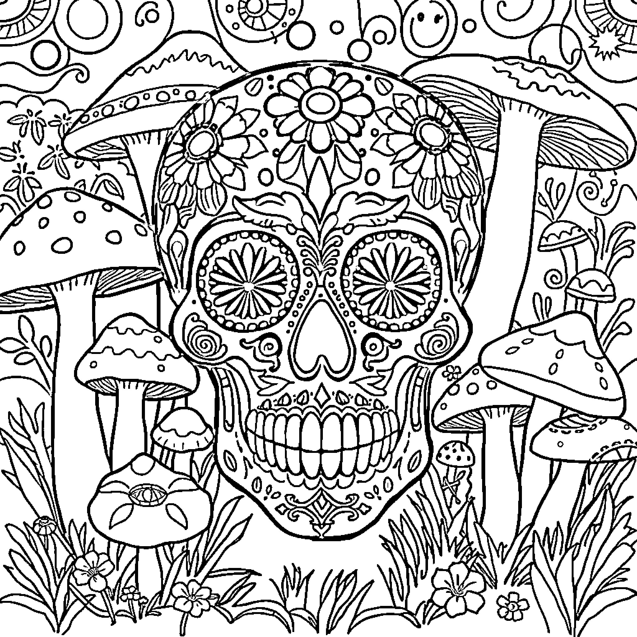 Sugar Skull adorned with floral patterns in a whimsical mushroom forest Coloring Page (free black-and-white line drawing printable PDF for all, from beginners to advanced learners, including children, teens, adults, and seniors)