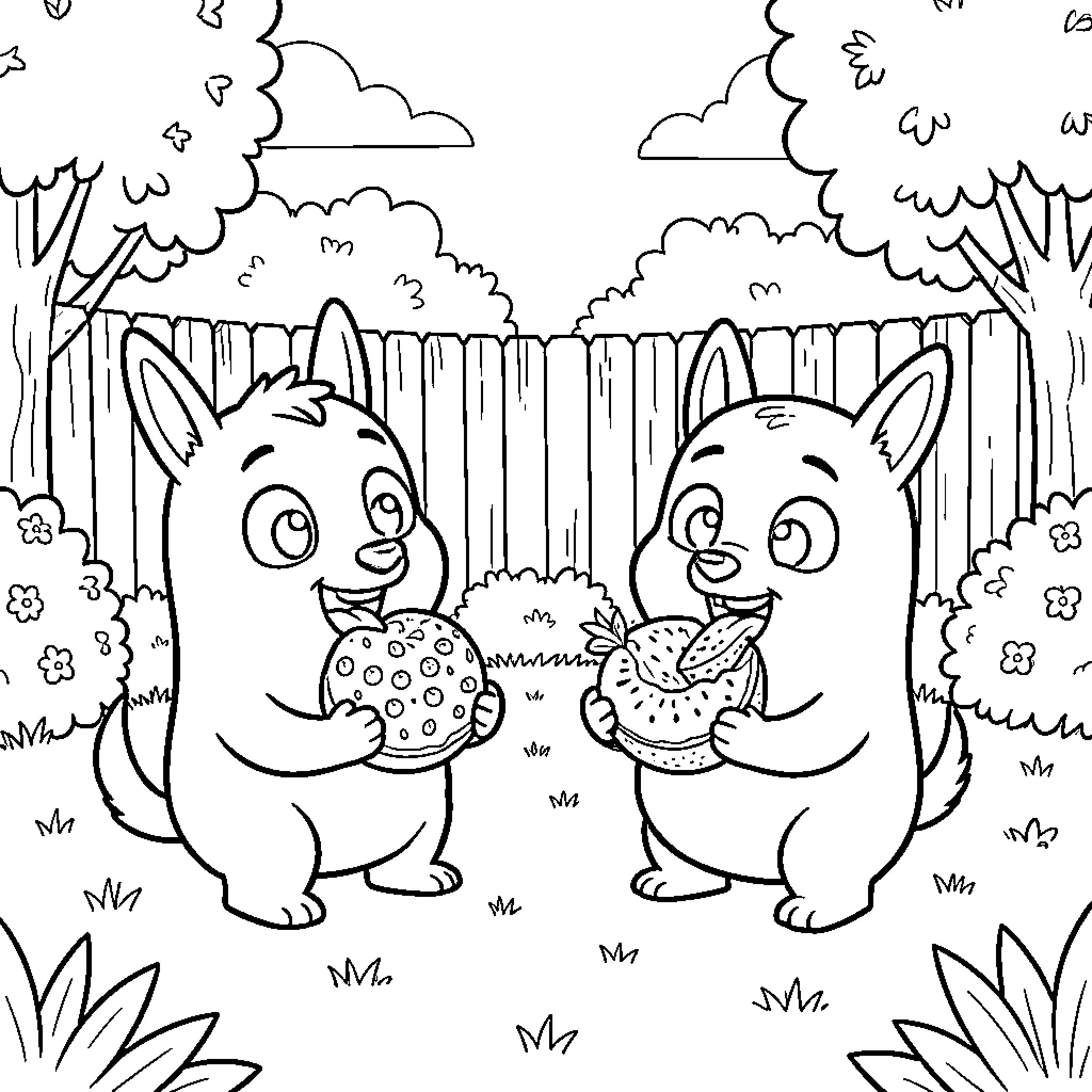 Bluey and friends explore the enchanted forest Coloring Page (free black-and-white line drawing printable PDF for all, from beginners to advanced learners, including children, teens, adults, and seniors)