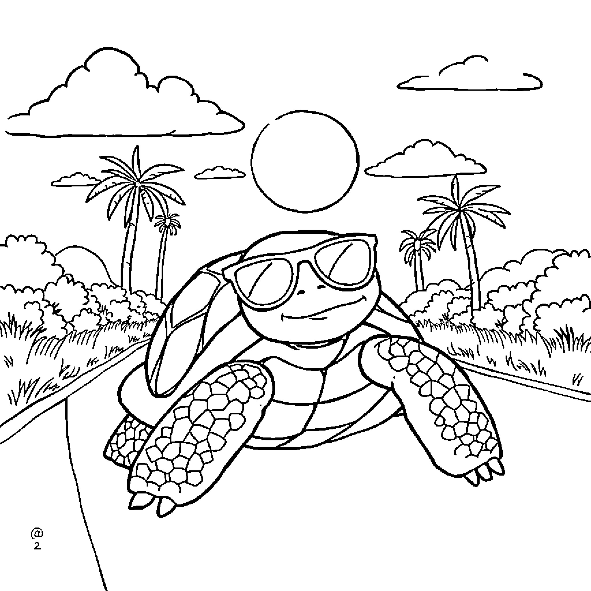 Turtle enjoying the sunny beach day Coloring Page (free black-and-white line drawing printable PDF for all, from beginners to advanced learners, including children, teens, adults, and seniors)