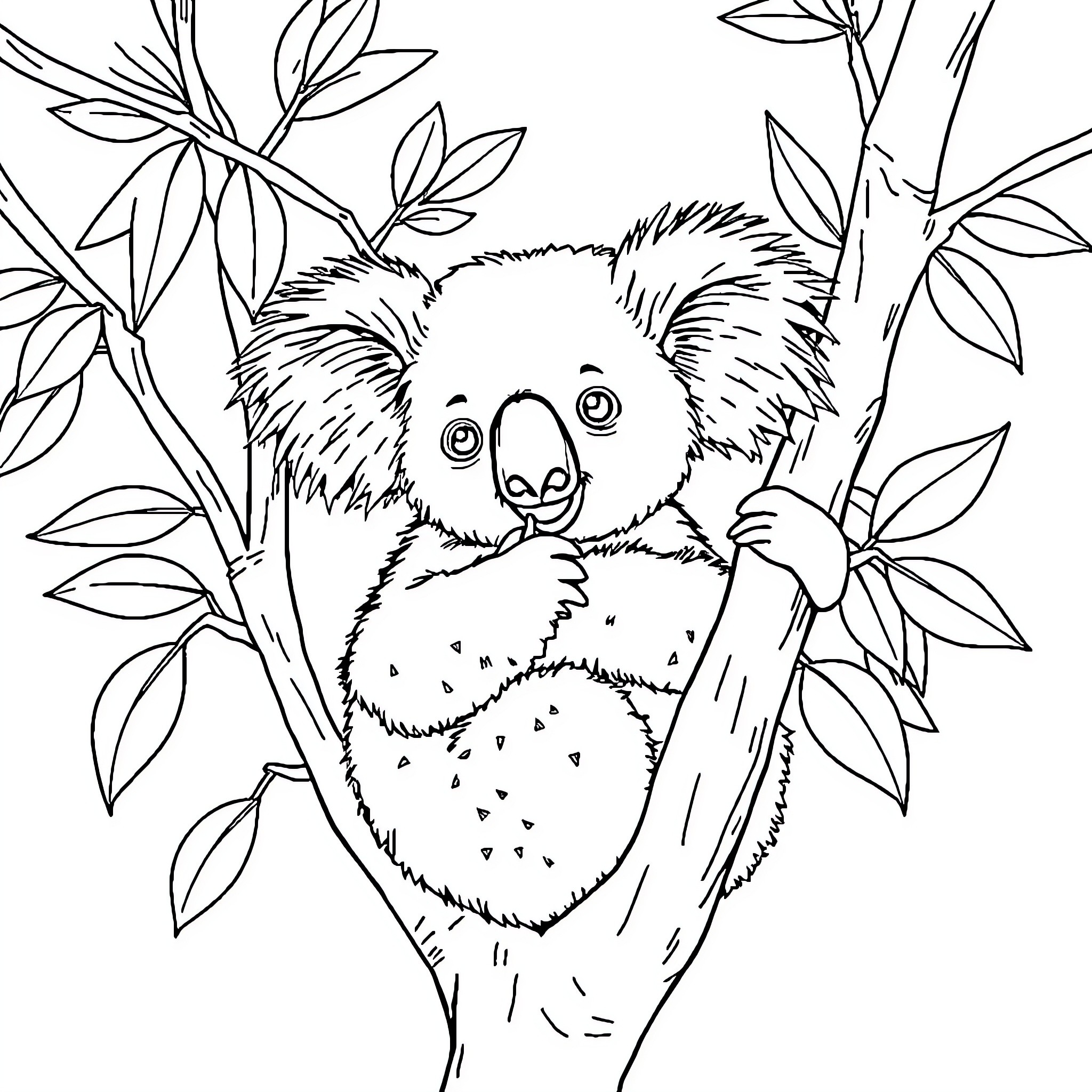 Koala climbing and resting on tree branch Coloring Page (free black-and-white line drawing printable PDF for all, from beginners to advanced learners, including children, teens, adults, and seniors)