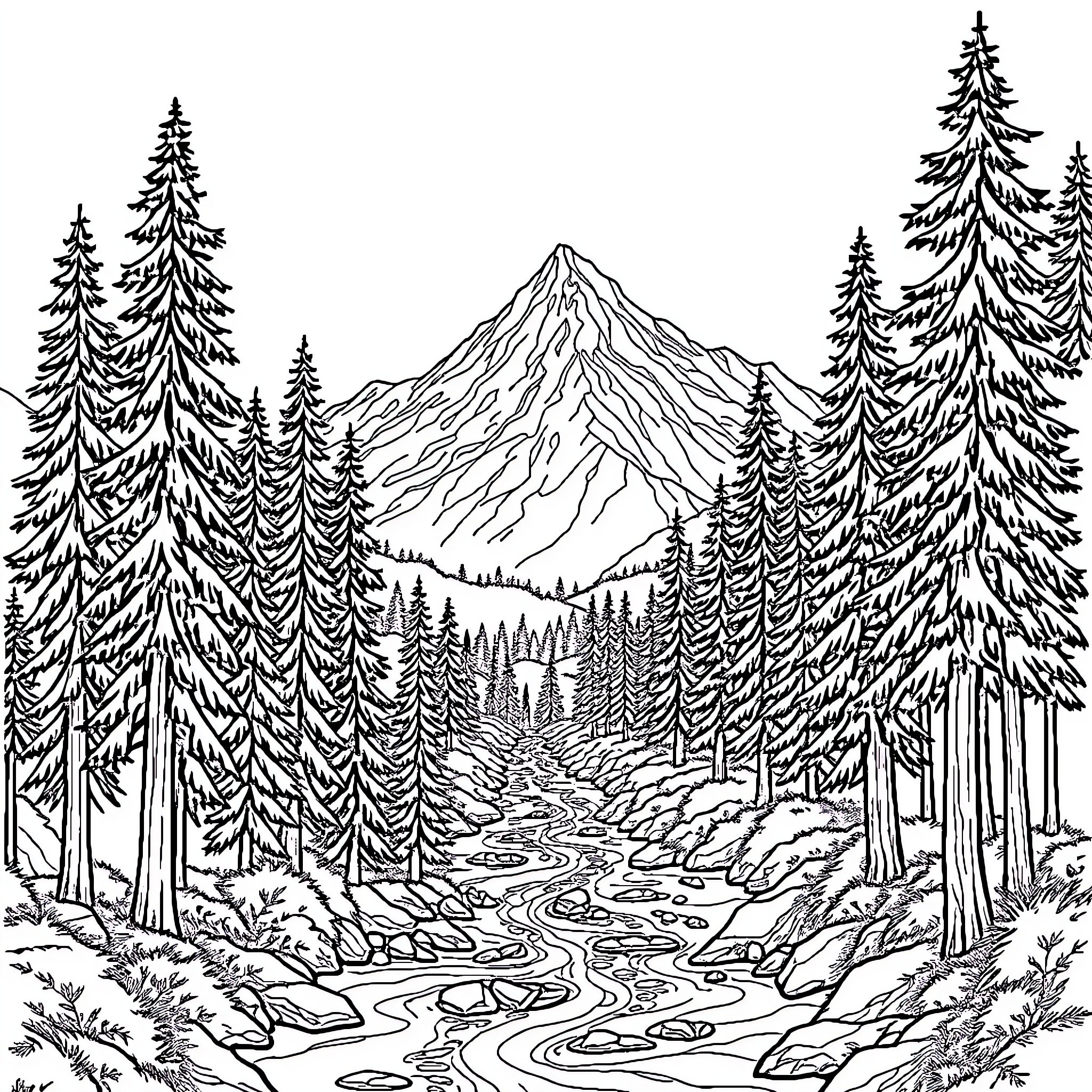 Nature's Majestic Mountain Retreat Coloring Page (free black-and-white line drawing printable PDF for all, from beginners to advanced learners, including children, teens, adults, and seniors)