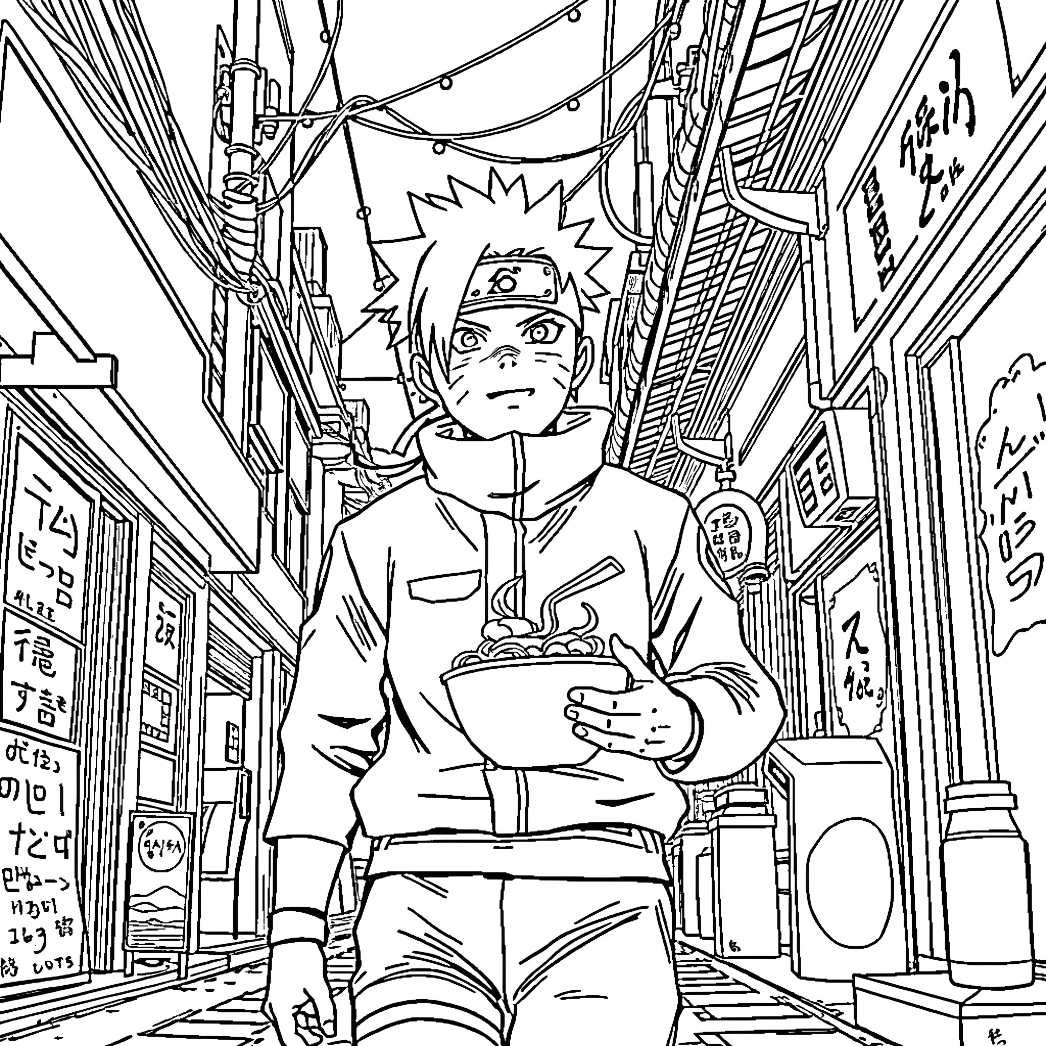 Naruto in an urban adventure Coloring Page (free black-and-white line drawing printable PDF for all, from beginners to advanced learners, including children, teens, adults, and seniors)