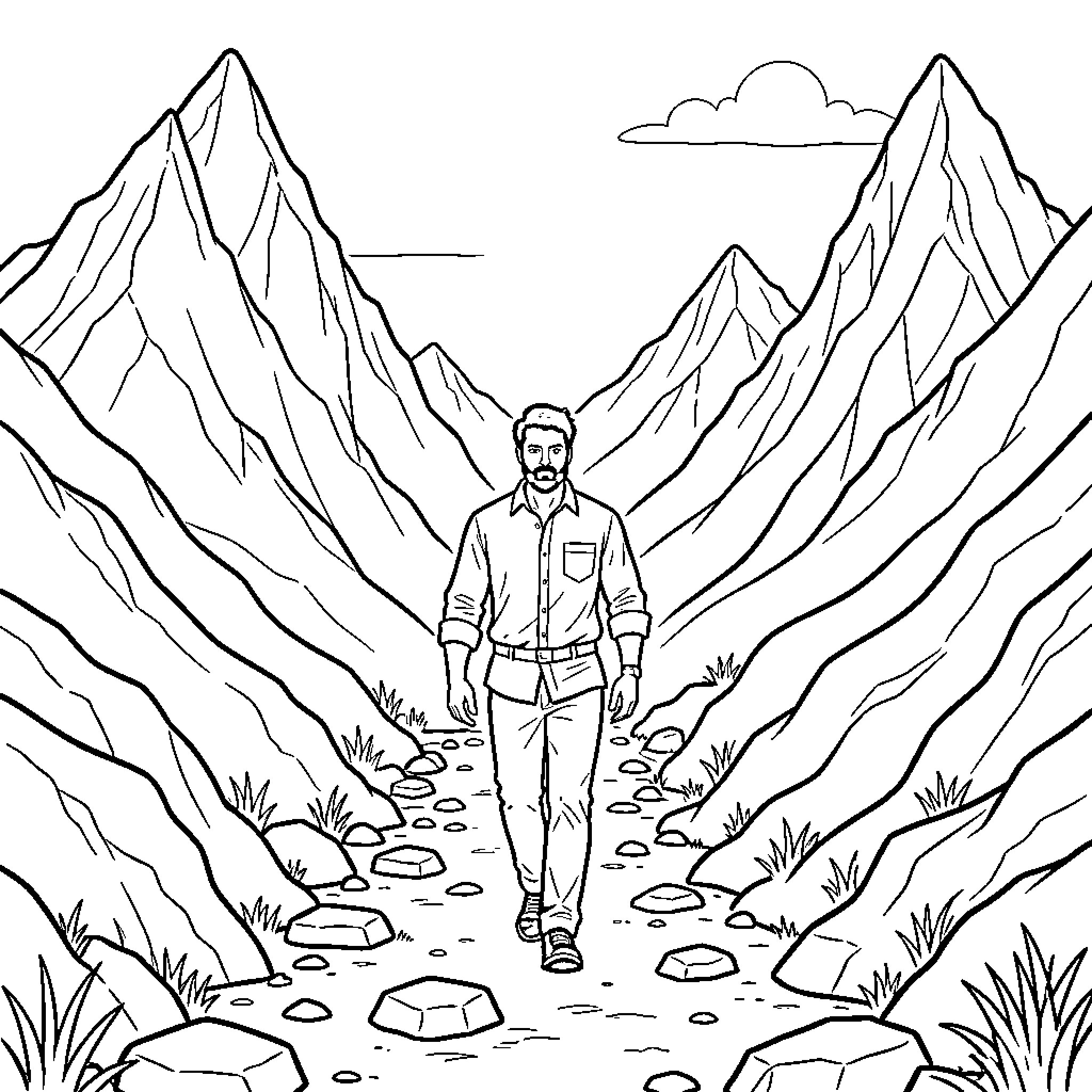 Actor Vijay walking through a mountain valley landscape Coloring Page (free black-and-white line drawing printable PDF for all, from beginners to advanced learners, including children, teens, adults, and seniors)