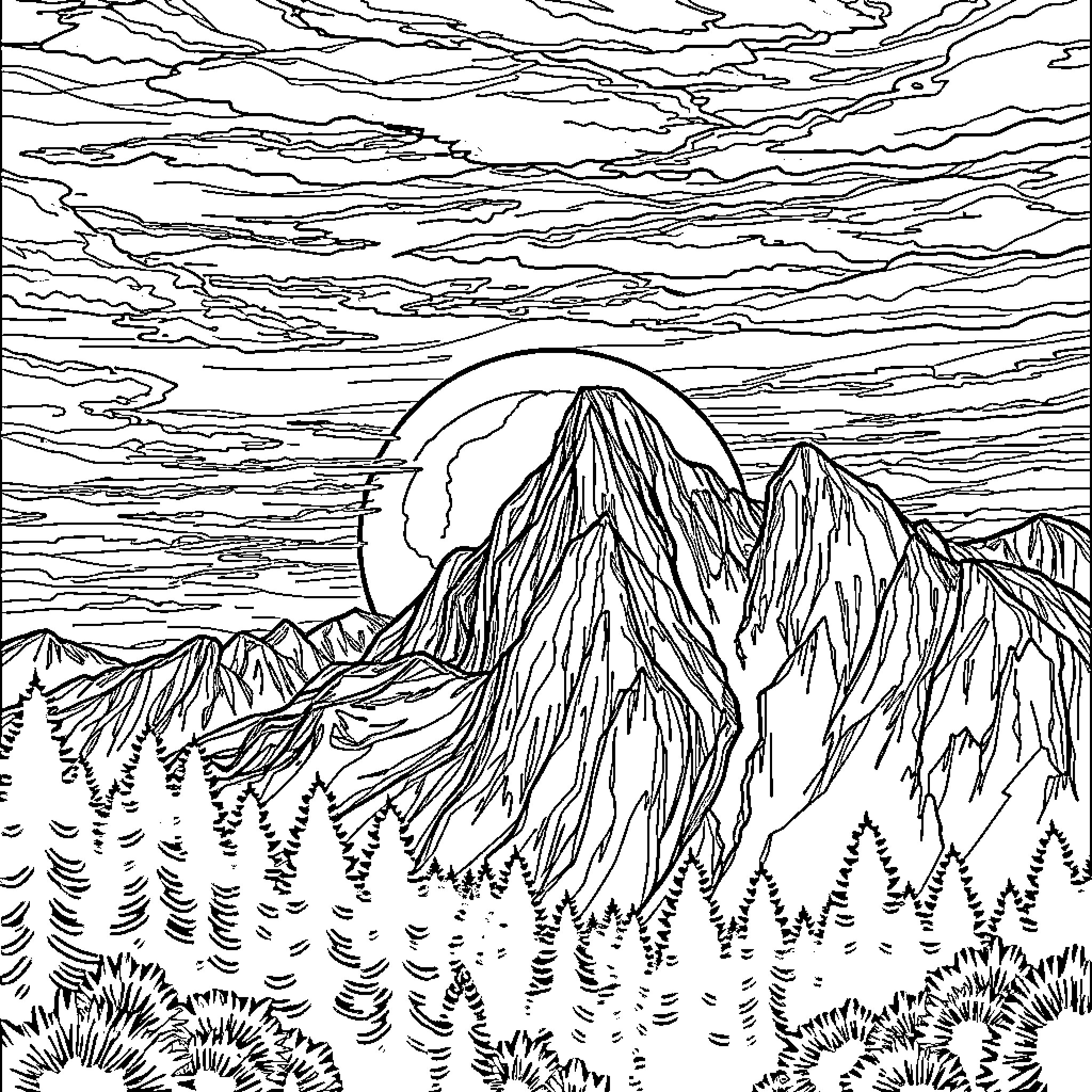 Mountain Landscape with Dramatic Skies Coloring Page (free black-and-white line drawing printable PDF for all, from beginners to advanced learners, including children, teens, adults, and seniors)