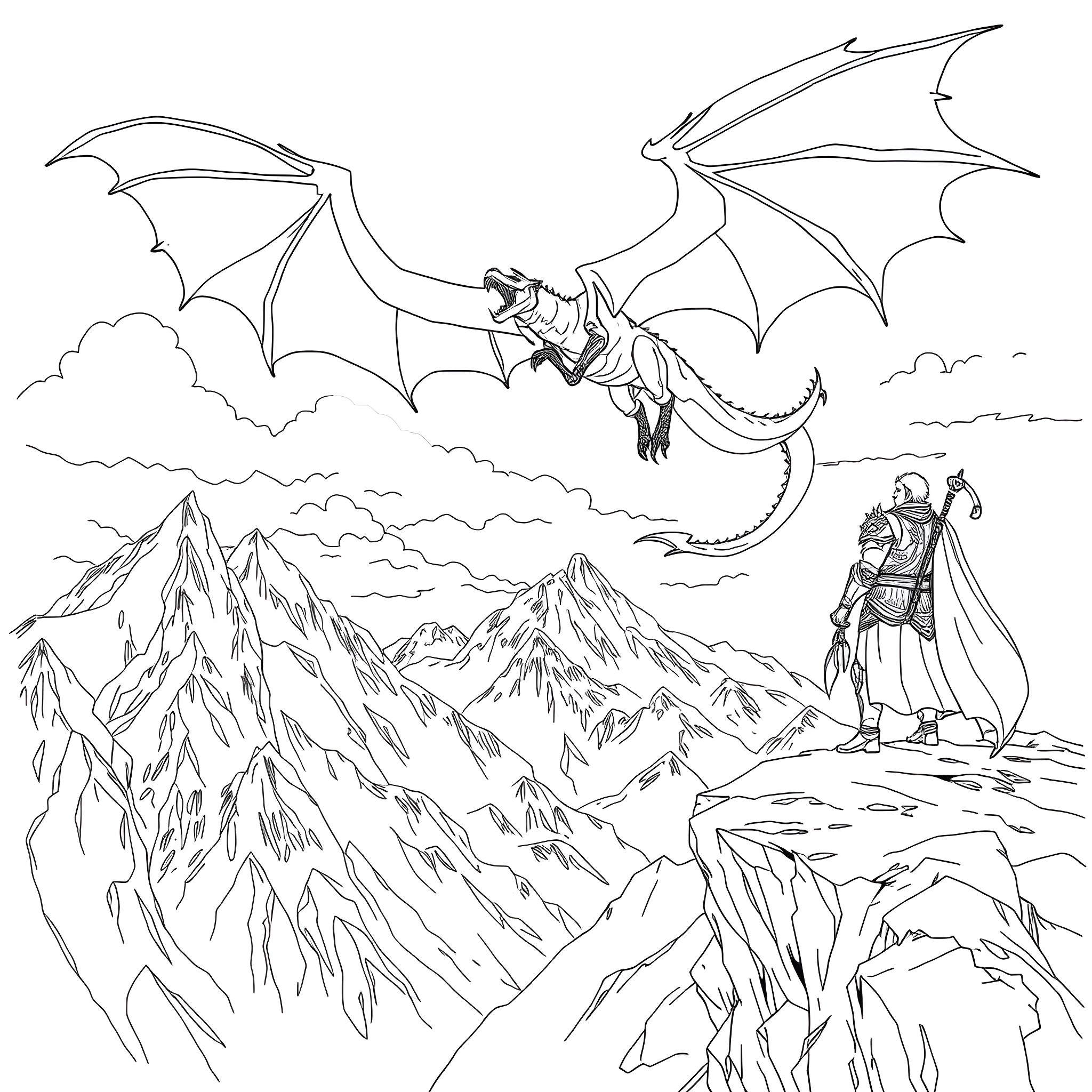 Fourth Wing Rider Soars Over Rugged Mountains Coloring Page (free black-and-white line drawing printable PDF for all, from beginners to advanced learners, including children, teens, adults, and seniors)