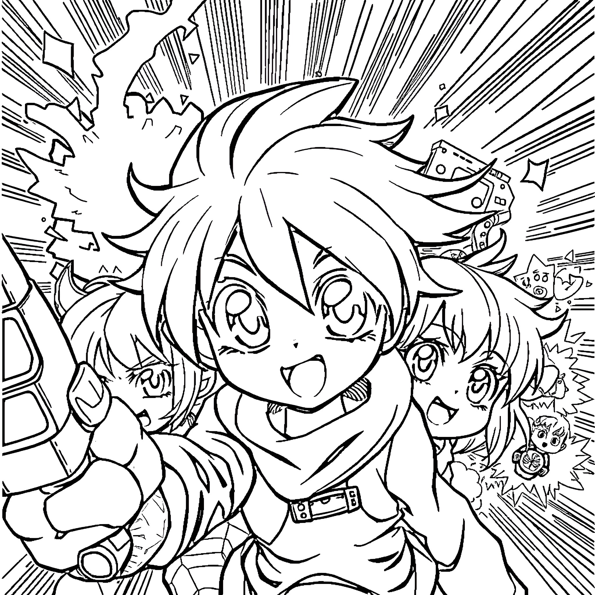 Anime Duo Enjoying Energetic Adventure Coloring Page (free black-and-white line drawing printable PDF for all, from beginners to advanced learners, including children, teens, adults, and seniors)