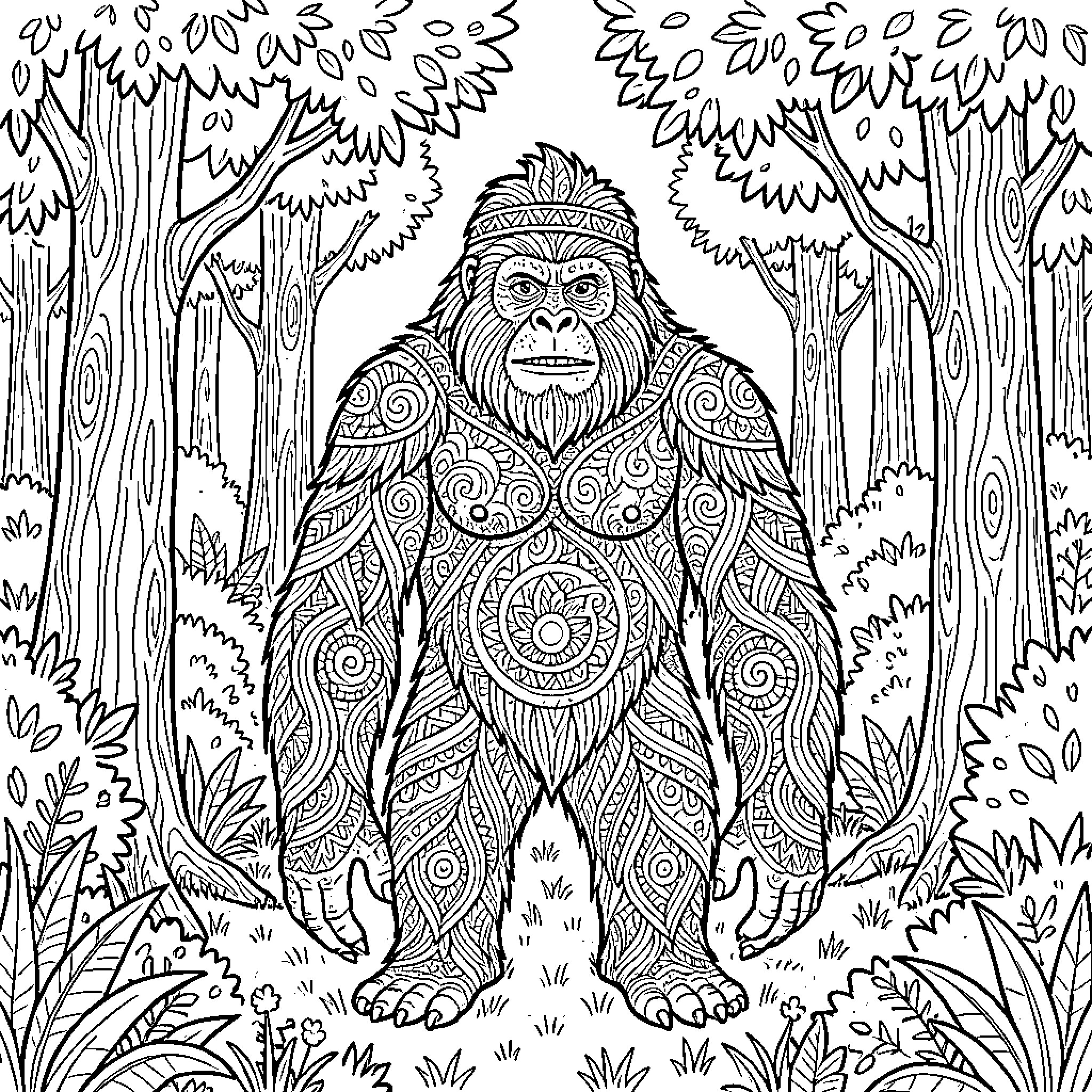Sasquatch amidst the serene forest landscape Coloring Page (free black-and-white line drawing printable PDF for all, from beginners to advanced learners, including children, teens, adults, and seniors)