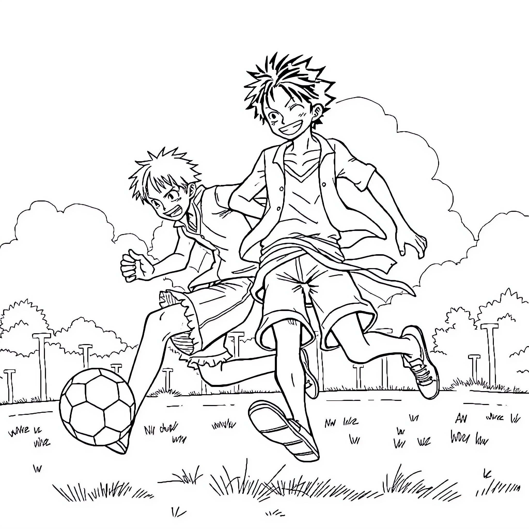 Tangiro Kamado playing joyfully with a friend on a field Coloring Page (free black-and-white line drawing printable PDF for all, from beginners to advanced learners, including children, teens, adults, and seniors)