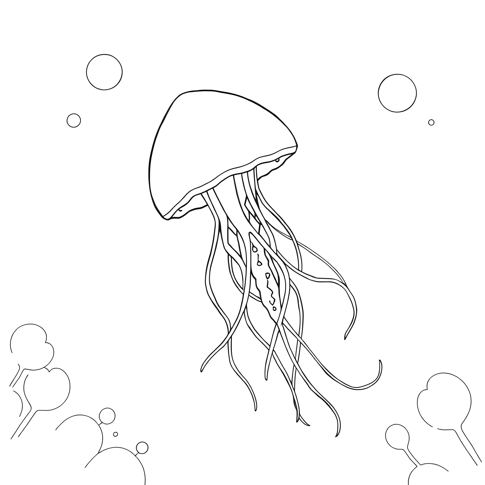 Jellyfish drifting gracefully in the ocean Coloring Page (free black-and-white line drawing printable PDF for all, from beginners to advanced learners, including children, teens, adults, and seniors)
