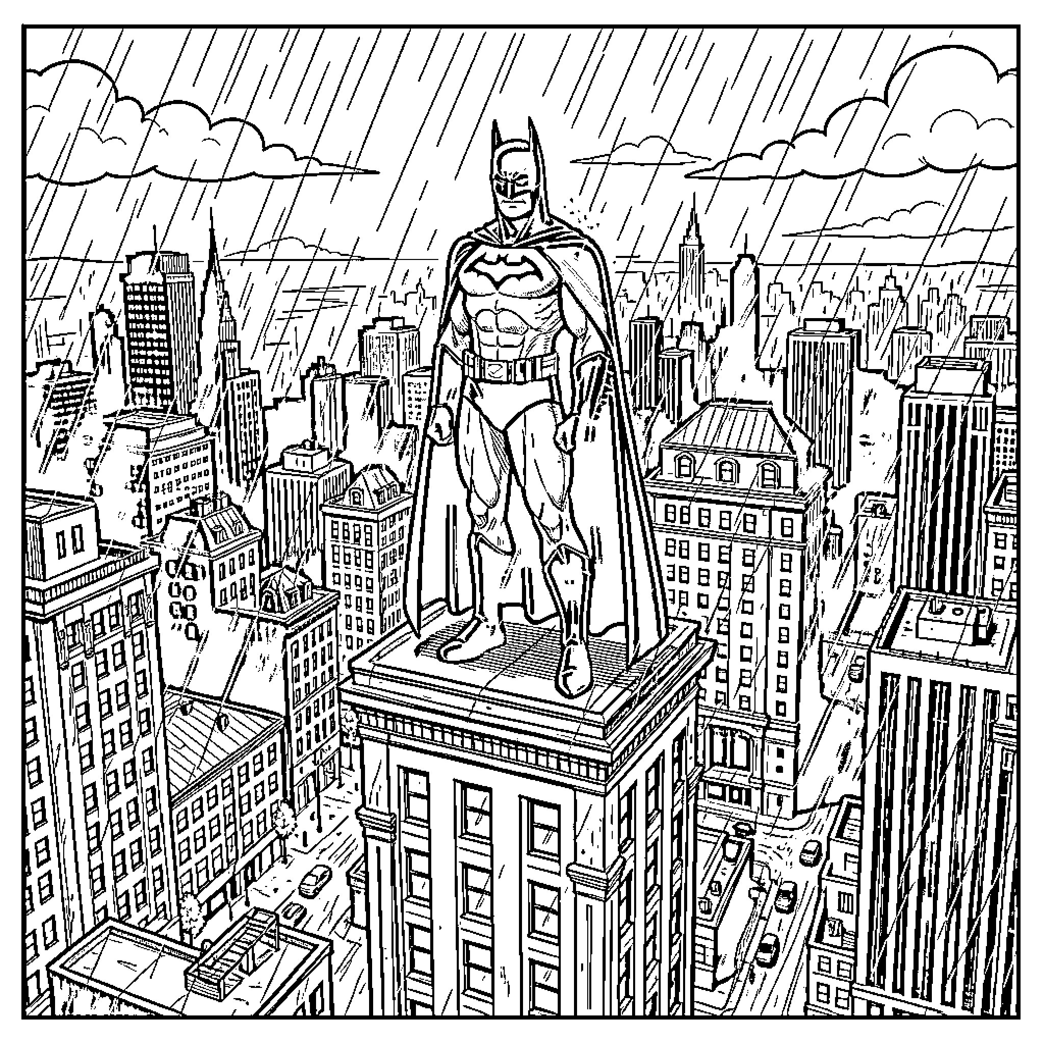 Batman protecting Gotham City in the rain Coloring Page (free black-and-white line drawing printable PDF for all, from beginners to advanced learners, including children, teens, adults, and seniors)