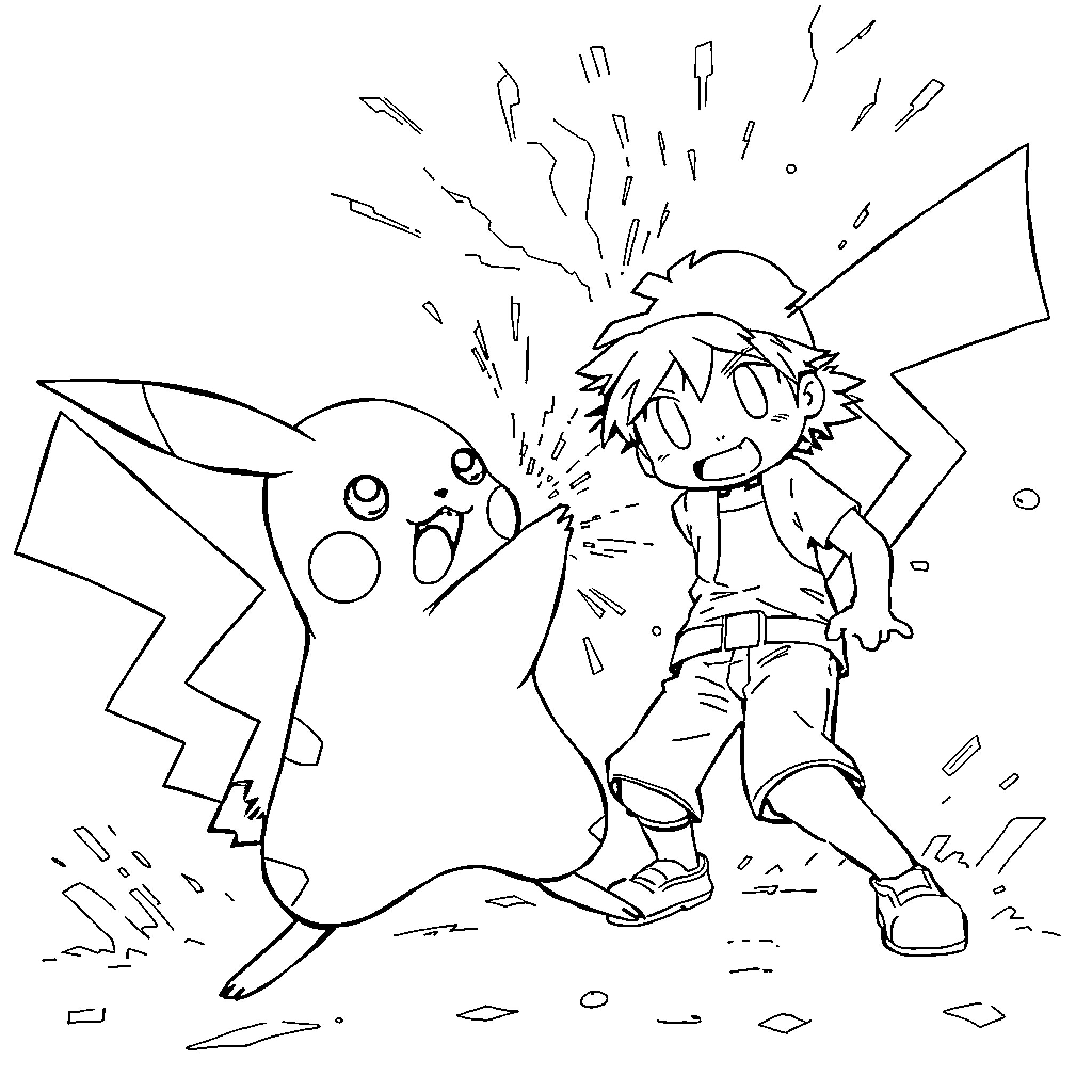Pikachu surprising a curious boy Coloring Page (free black-and-white line drawing printable PDF for all, from beginners to advanced learners, including children, teens, adults, and seniors)