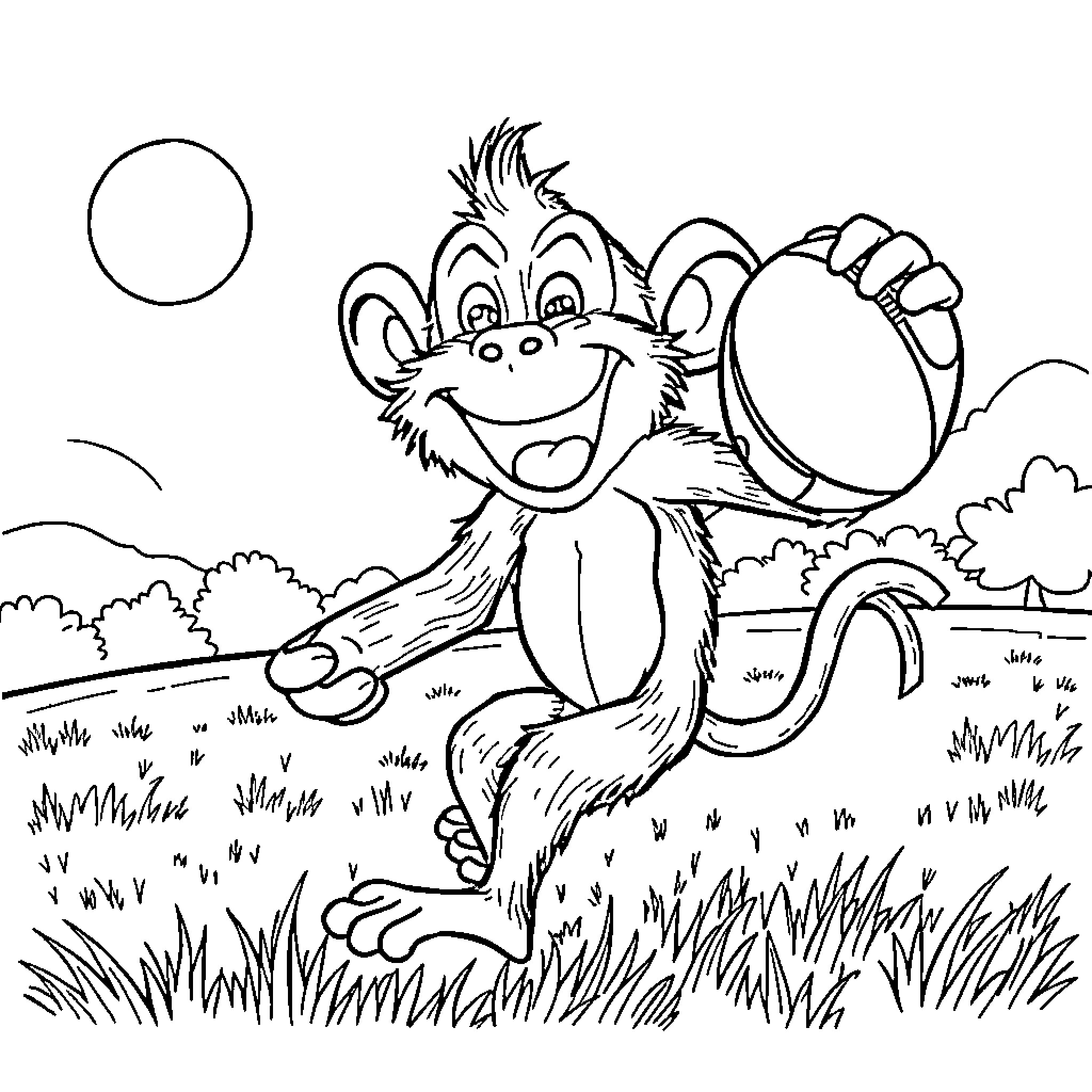 Monkey happily playing in the meadow Coloring Page (free black-and-white line drawing printable PDF for all, from beginners to advanced learners, including children, teens, adults, and seniors)