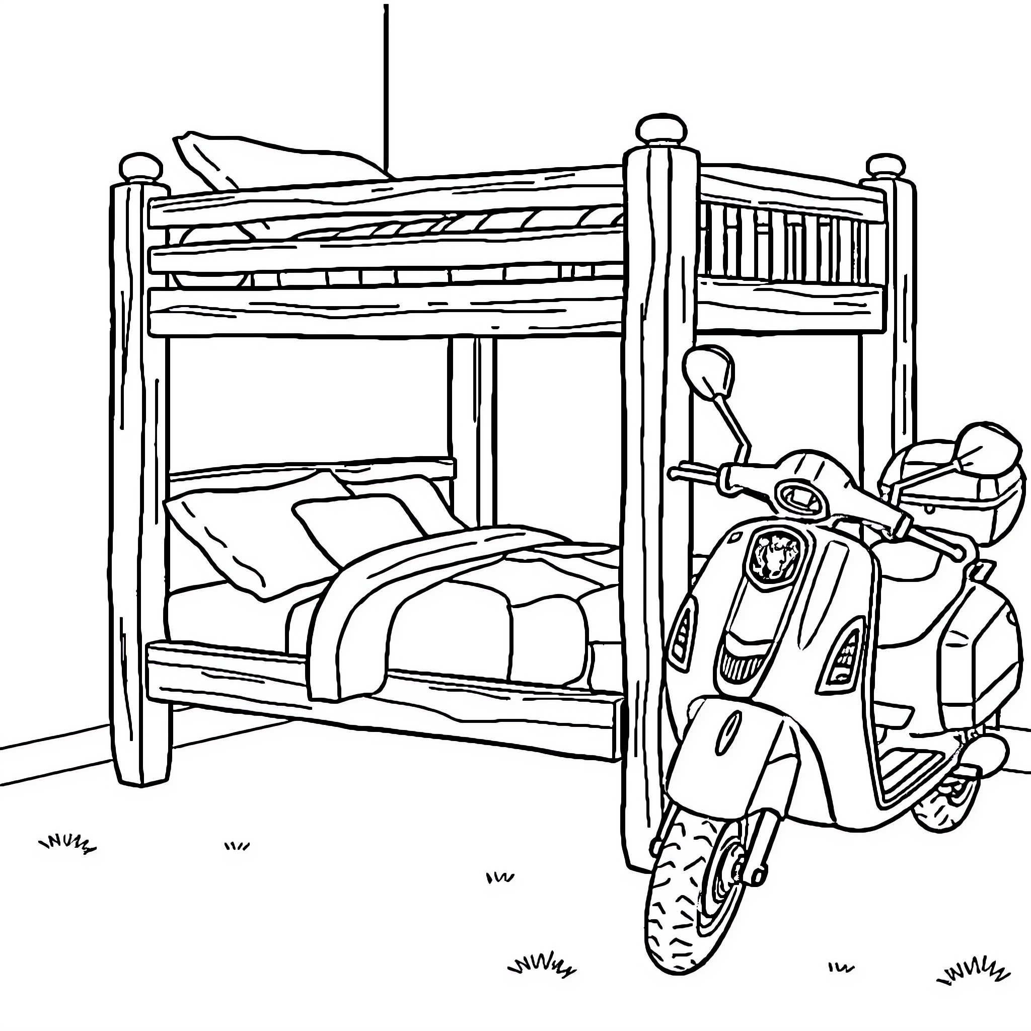 Bunk Bed with Scooter in Bedroom Coloring Page (free black-and-white line drawing printable PDF for all, from beginners to advanced learners, including children, teens, adults, and seniors)