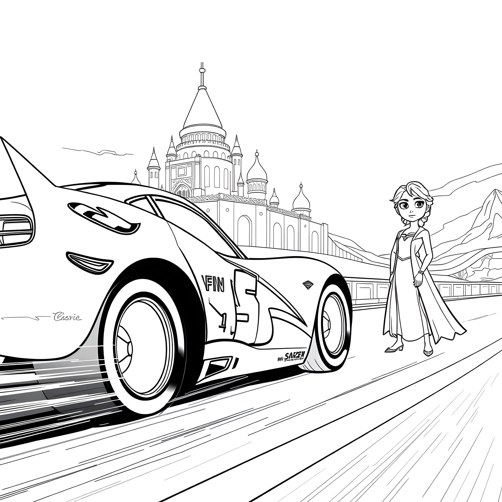Lightning McQueen racing through the streets of Paris Coloring Page (free black-and-white line drawing printable PDF for all, from beginners to advanced learners, including children, teens, adults, and seniors)