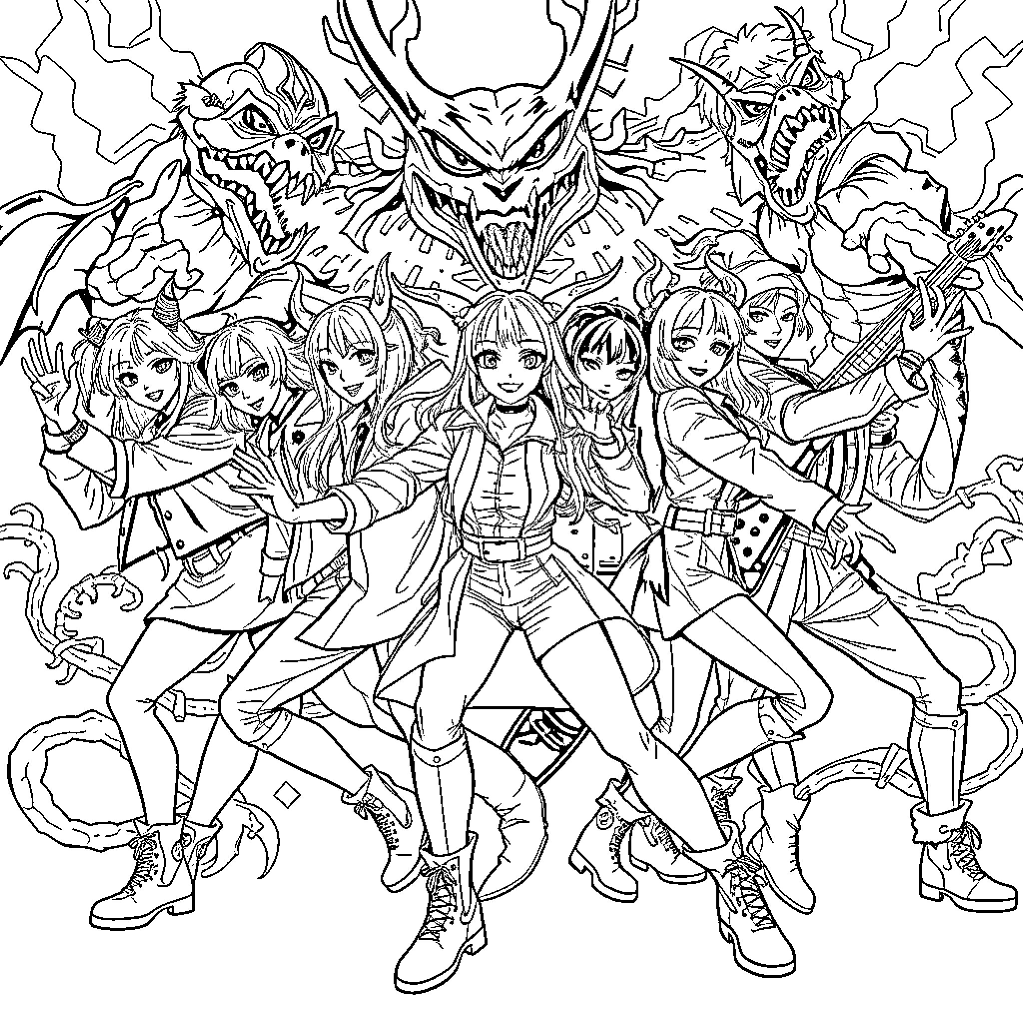 Demon Hunter: Fierce Anime Warriors Confront Monstrous Foes Coloring Page (free black-and-white line drawing printable PDF for all, from beginners to advanced learners, including children, teens, adults, and seniors)