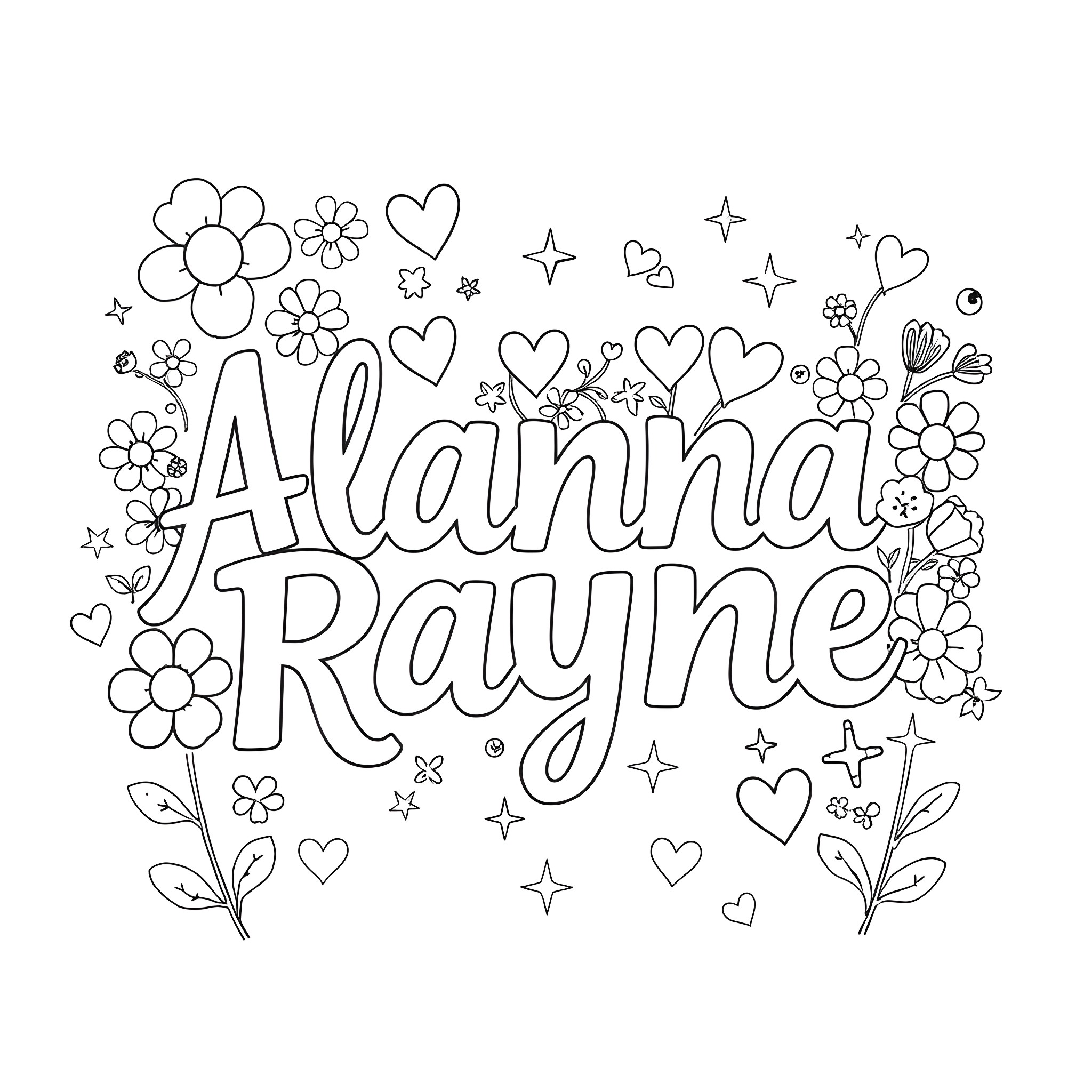 Font of playful floral and heart-shaped elements Coloring Page (free black-and-white line drawing printable PDF for all, from beginners to advanced learners, including children, teens, adults, and seniors)
