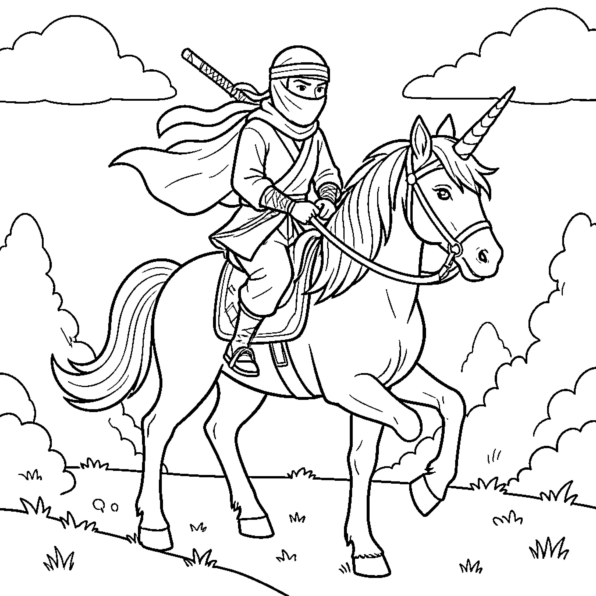 Ninja riding a majestic unicorn through a landscape Coloring Page (free black-and-white line drawing printable PDF for all, from beginners to advanced learners, including children, teens, adults, and seniors)