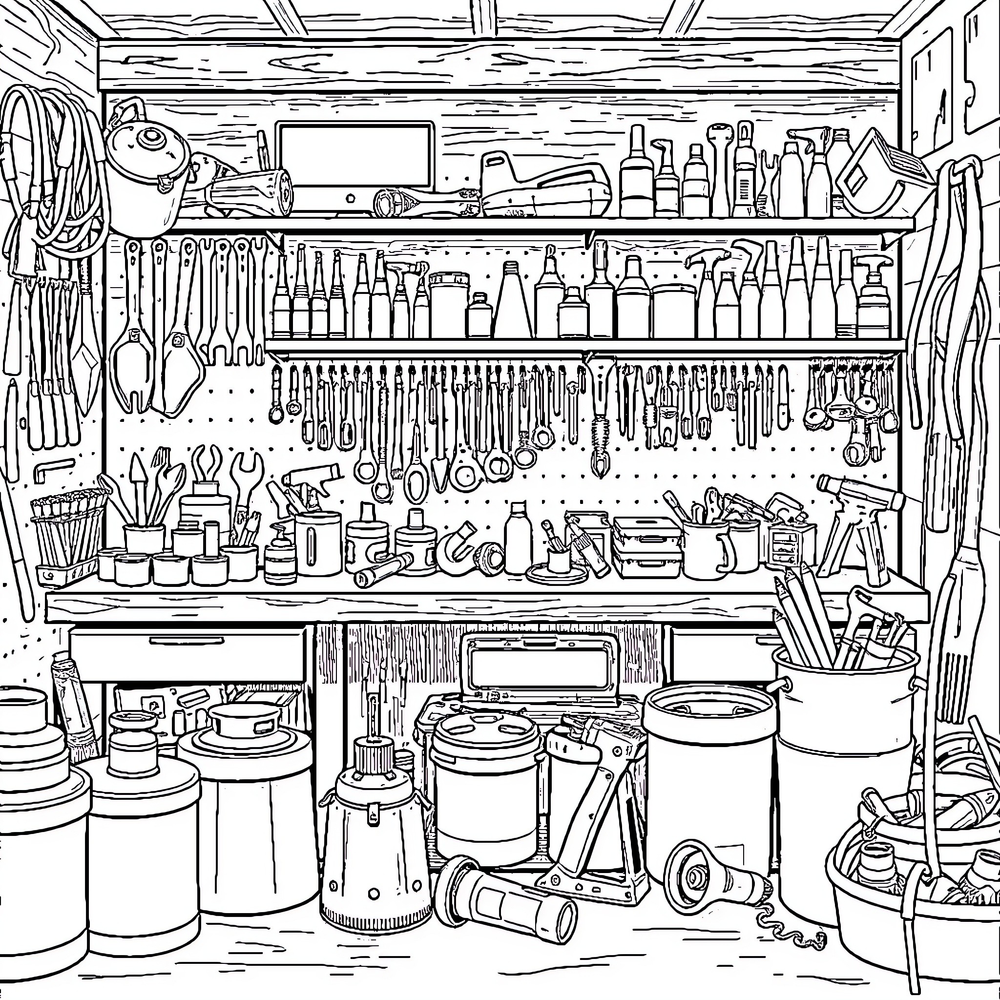 Toolstation - Cluttered Workshop with Various Tools and Equipment Coloring Page (free black-and-white line drawing printable PDF for all, from beginners to advanced learners, including children, teens, adults, and seniors)