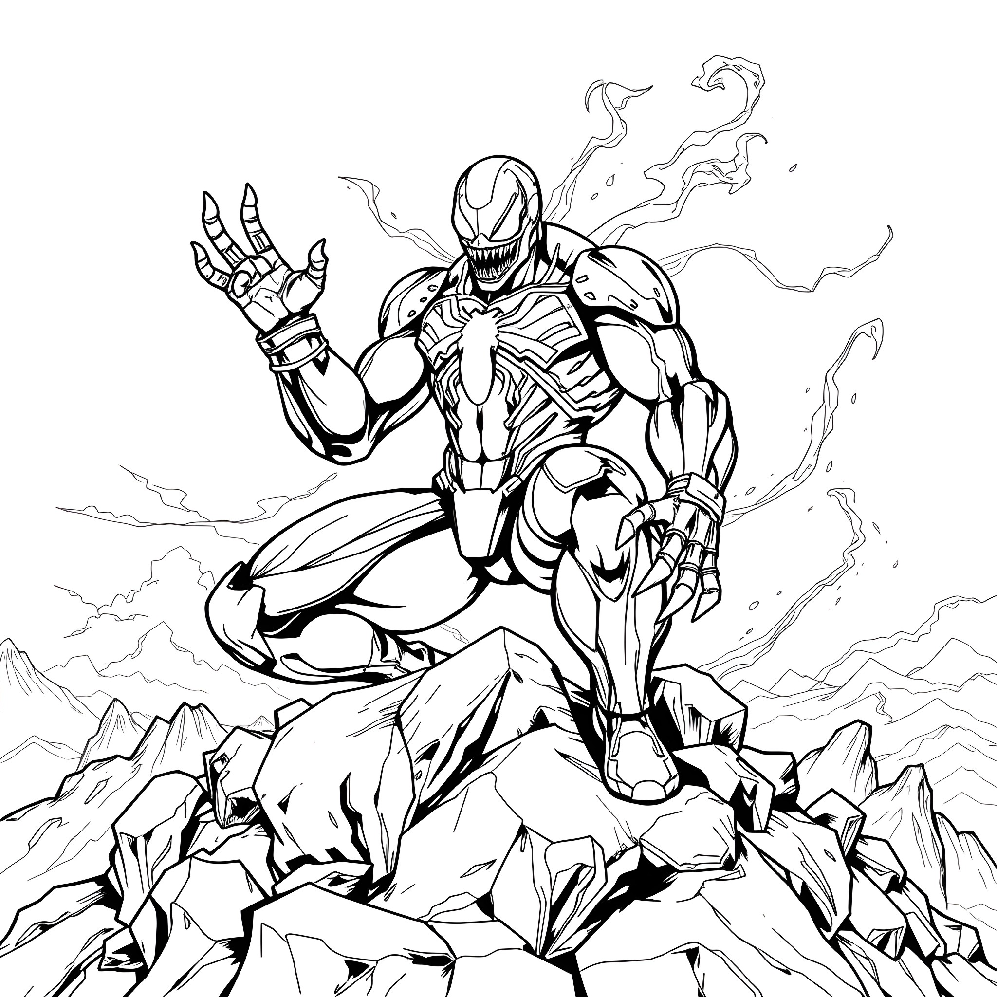 Iron Venom's Menacing Stance Amidst Rugged Terrain Coloring Page (free black-and-white line drawing printable PDF for all, from beginners to advanced learners, including children, teens, adults, and seniors)
