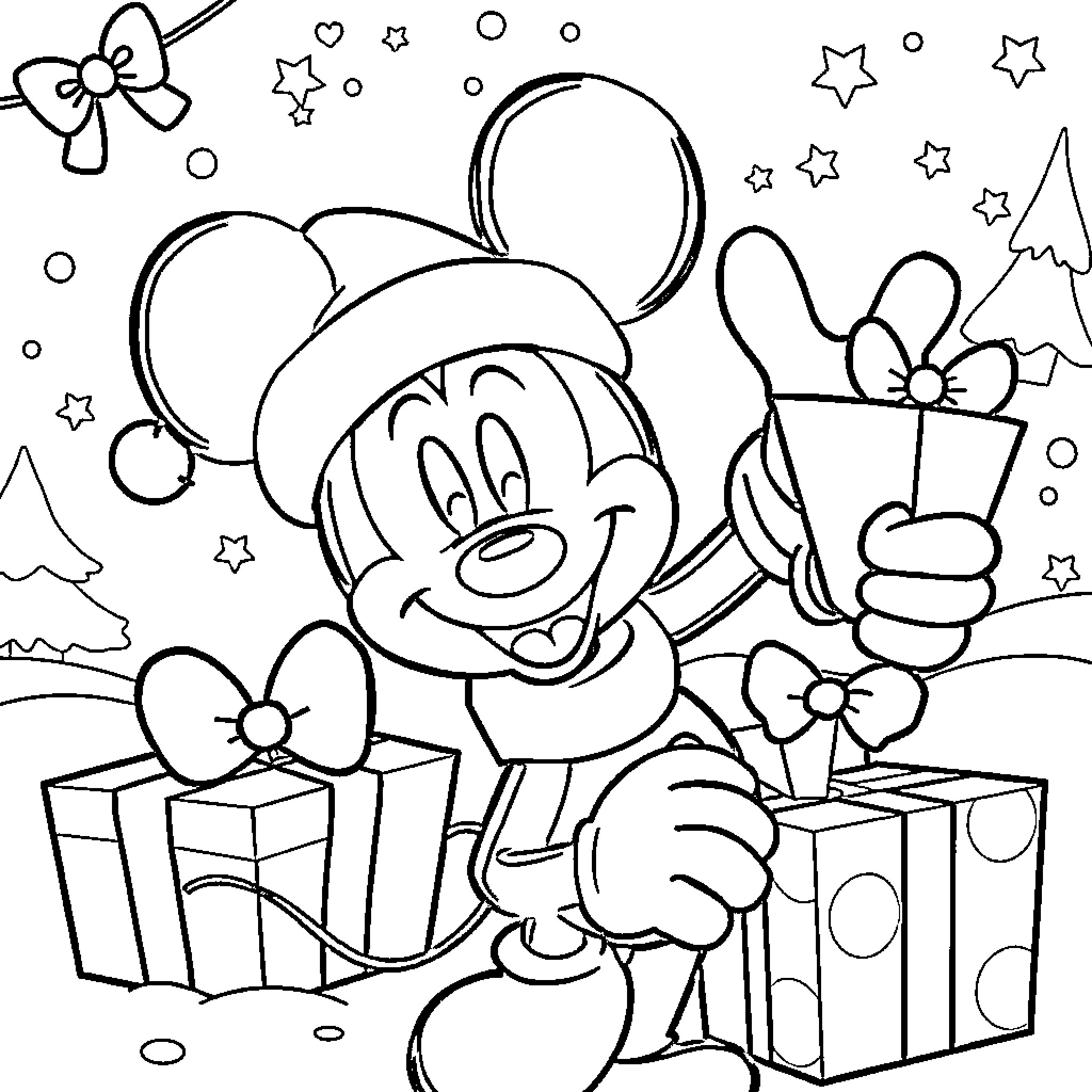 Mickey Mouse's Festive Christmas Celebration Coloring Page (free black-and-white line drawing printable PDF for all, from beginners to advanced learners, including children, teens, adults, and seniors)