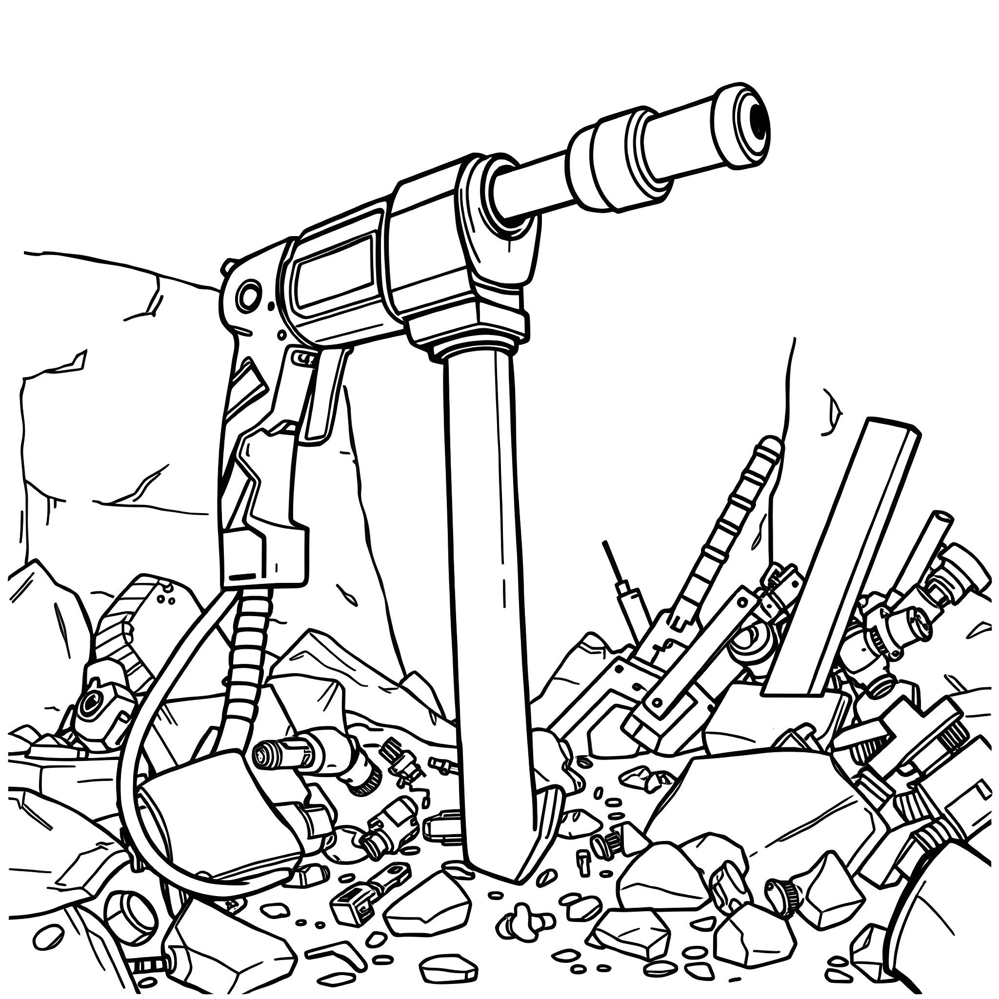 Jackhammer demolishing a pile of rubble and debris Coloring Page (free black-and-white line drawing printable PDF for all, from beginners to advanced learners, including children, teens, adults, and seniors)
