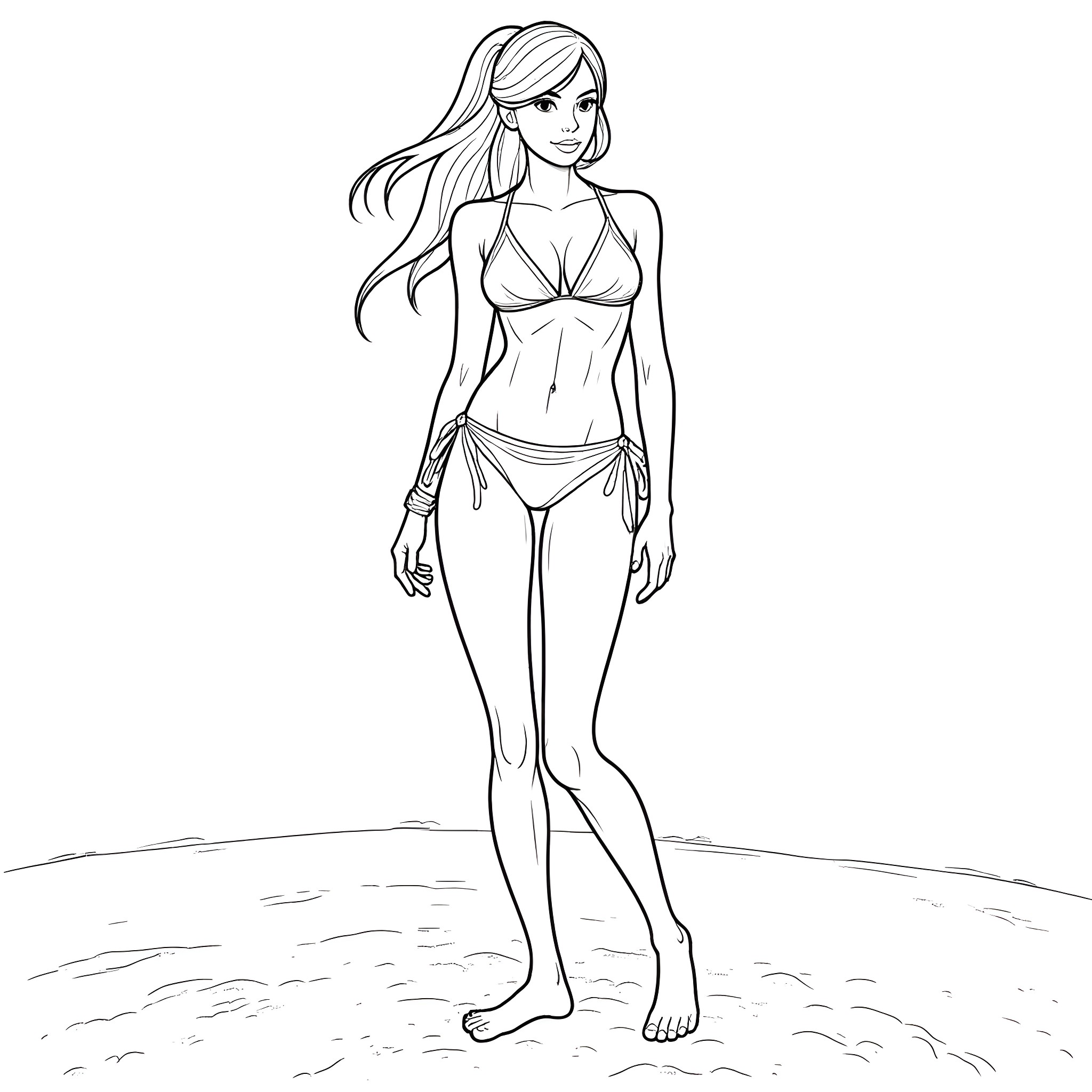Lara Croft in adventurous beachwear pose Coloring Page (free black-and-white line drawing printable PDF for all, from beginners to advanced learners, including children, teens, adults, and seniors)