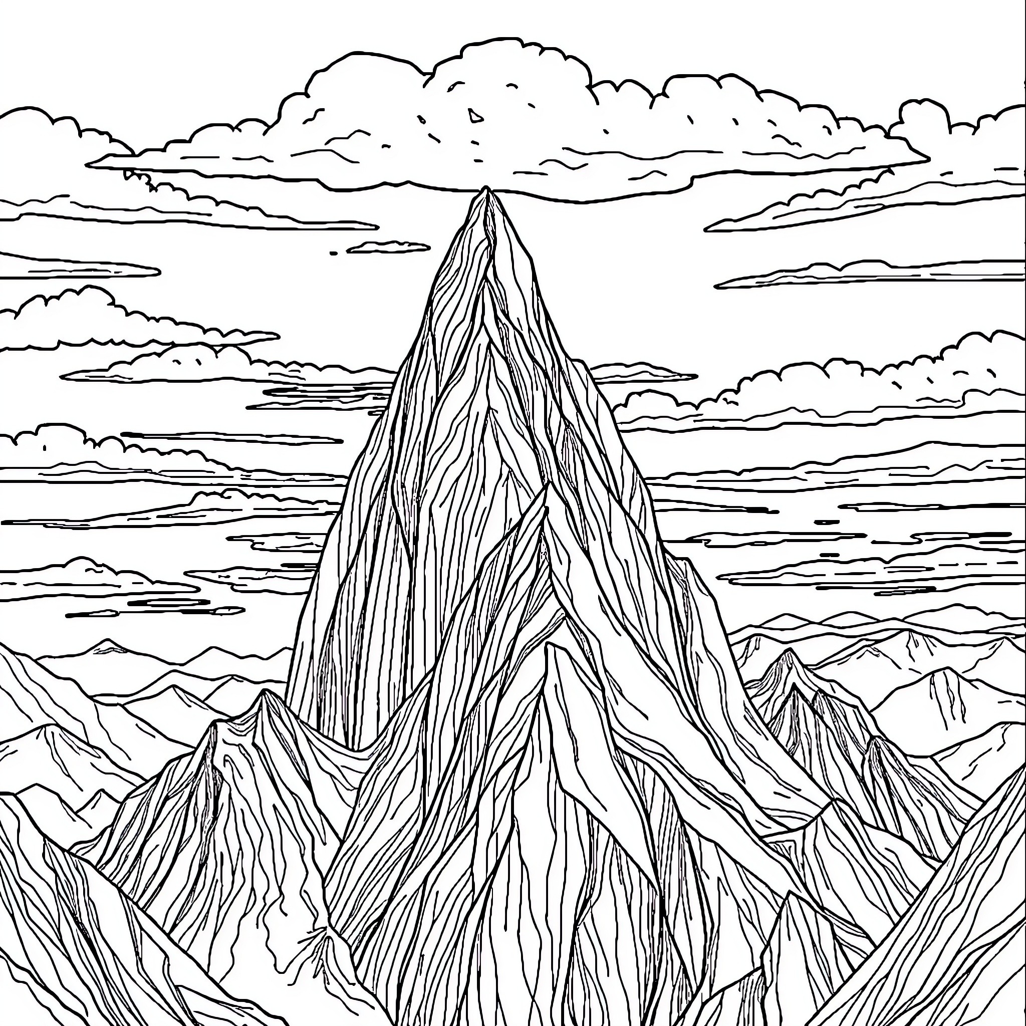 Mountain peaks rising majestically above the clouds Coloring Page (free black-and-white line drawing printable PDF for all, from beginners to advanced learners, including children, teens, adults, and seniors)
