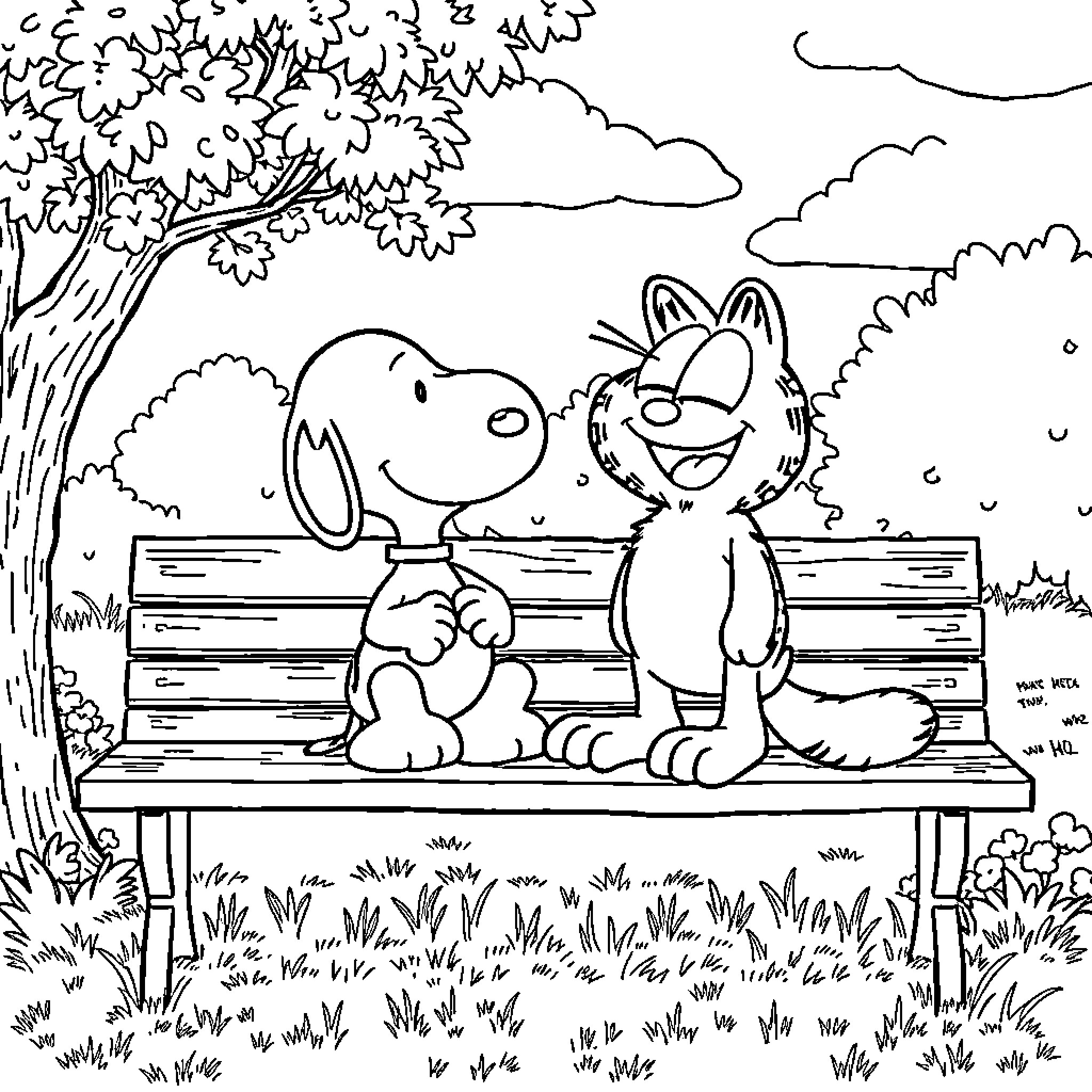Snoopy and Garfield relaxing on a park bench Coloring Page (free black-and-white line drawing printable PDF for all, from beginners to advanced learners, including children, teens, adults, and seniors)