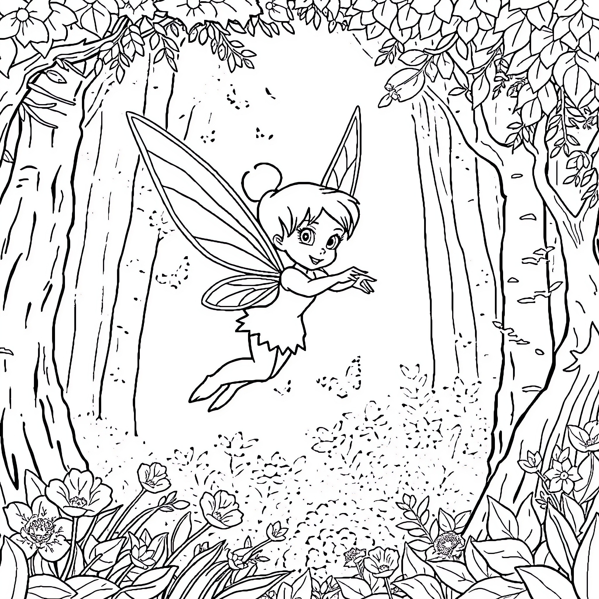 Tinkerbell flying gracefully in the enchanted forest Coloring Page (free black-and-white line drawing printable PDF for all, from beginners to advanced learners, including children, teens, adults, and seniors)
