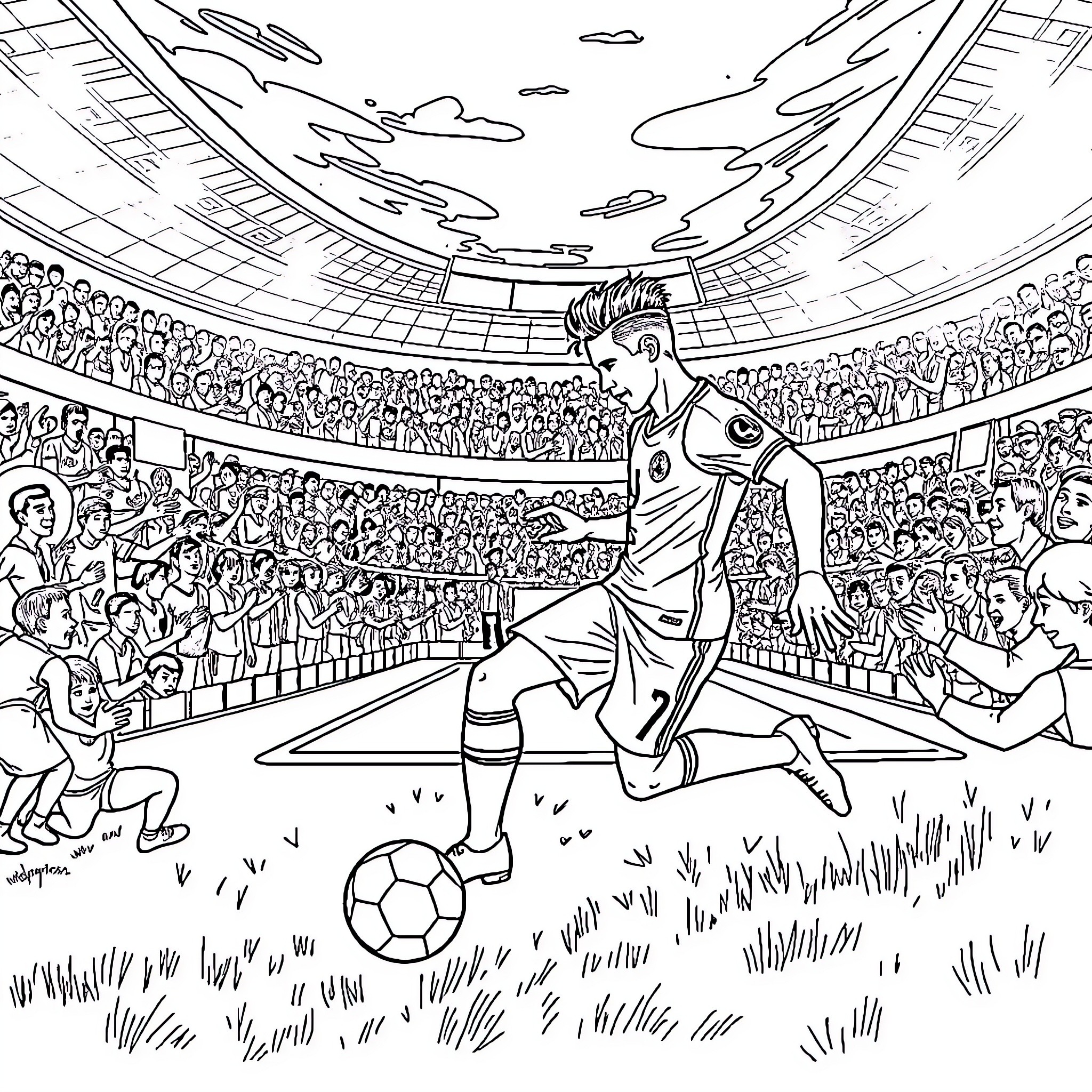 Neymar JR Dazzling Footwork in a Packed Stadium Coloring Page (free black-and-white line drawing printable PDF for all, from beginners to advanced learners, including children, teens, adults, and seniors)