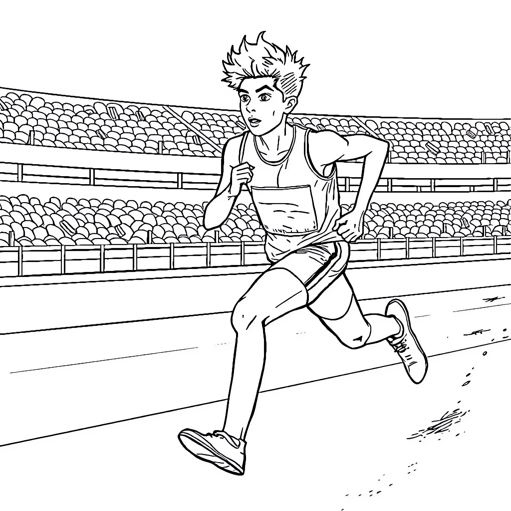 Julian Running Enthusiastically on the Track Coloring Page (free black-and-white line drawing printable PDF for all, from beginners to advanced learners, including children, teens, adults, and seniors)