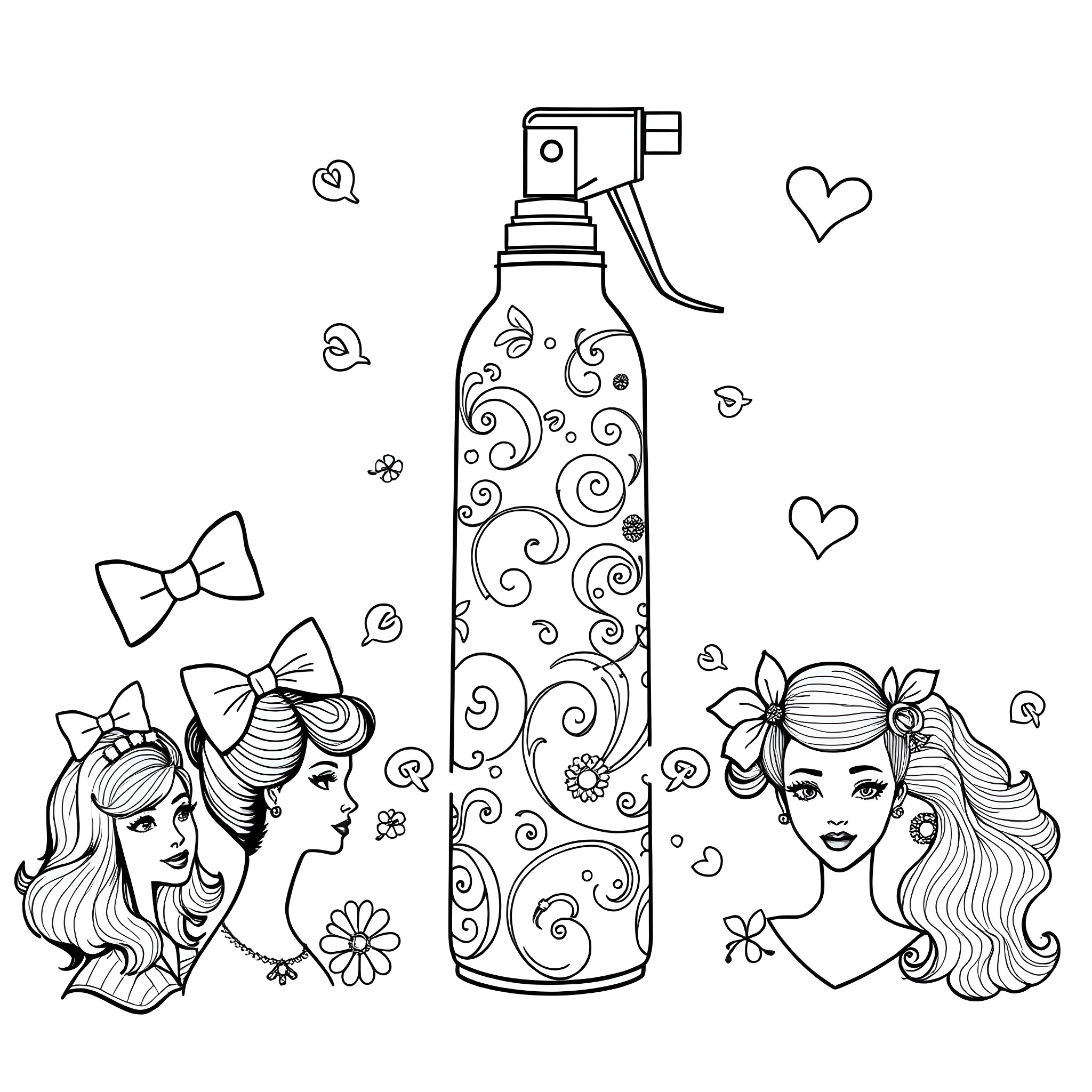 Hair Spray Fashionable Ladies with Floral Designs Coloring Page (free black-and-white line drawing printable PDF for all, from beginners to advanced learners, including children, teens, adults, and seniors)