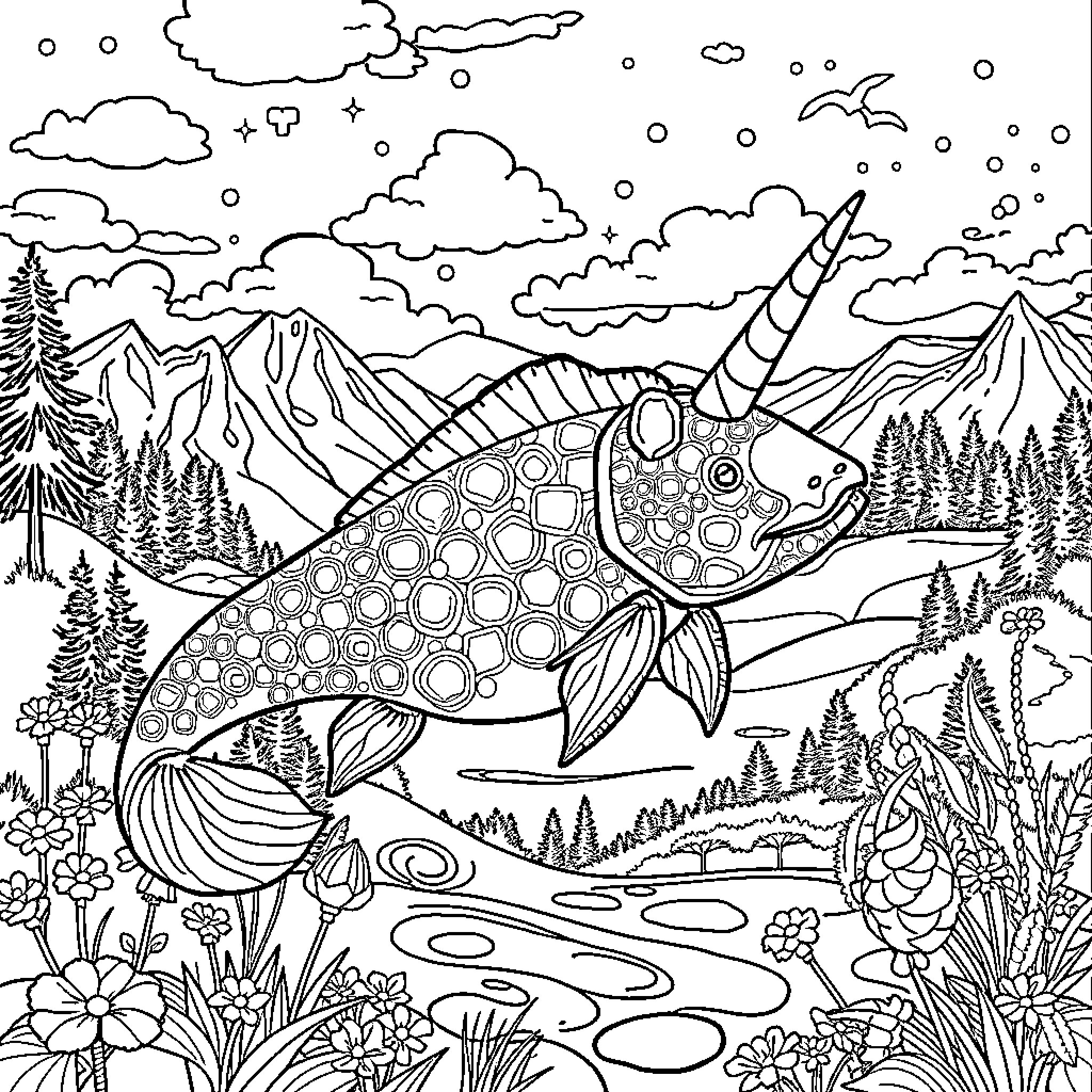 Licorne swimming in magical mountain landscape Coloring Page (free black-and-white line drawing printable PDF for all, from beginners to advanced learners, including children, teens, adults, and seniors)