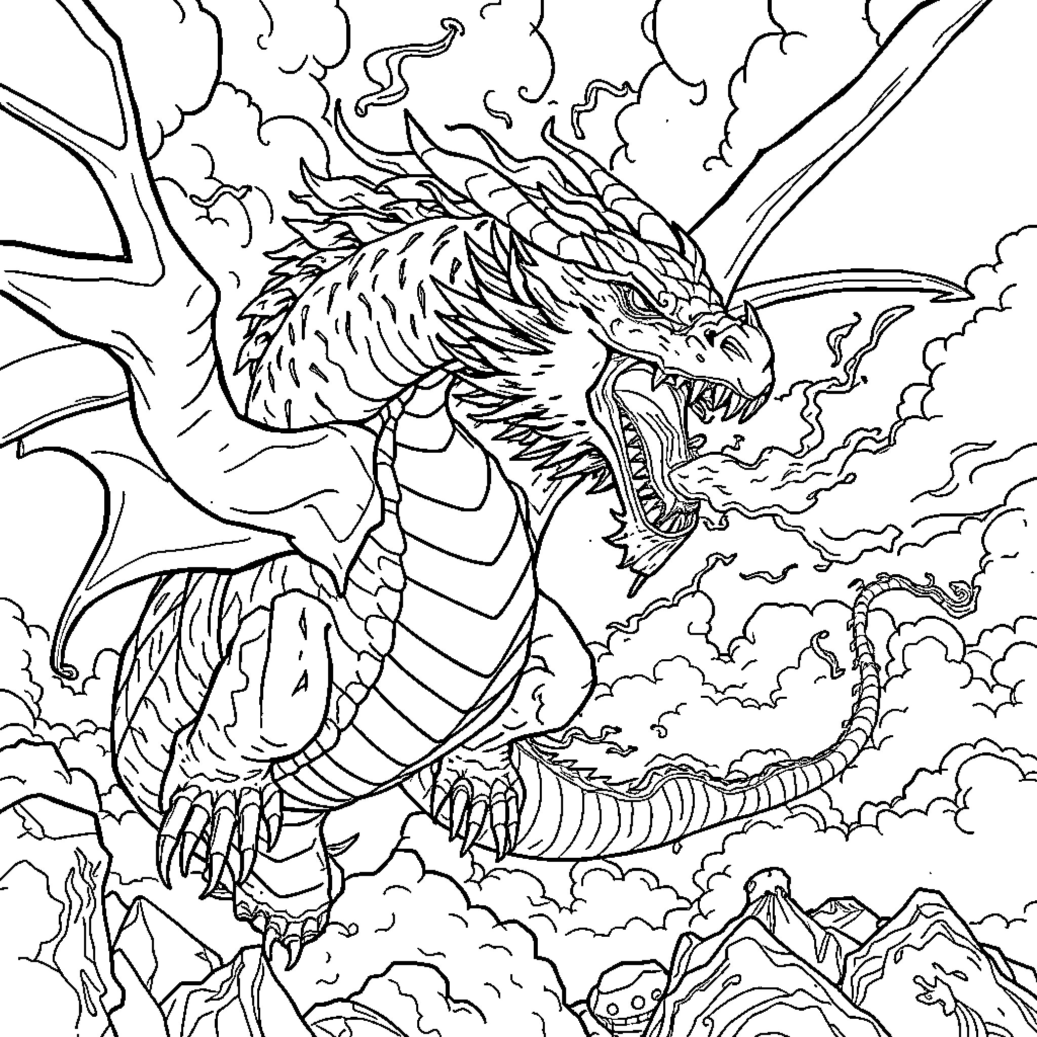 Dragon breathing fiery breath in the sky Coloring Page (free black-and-white line drawing printable PDF for all, from beginners to advanced learners, including children, teens, adults, and seniors)
